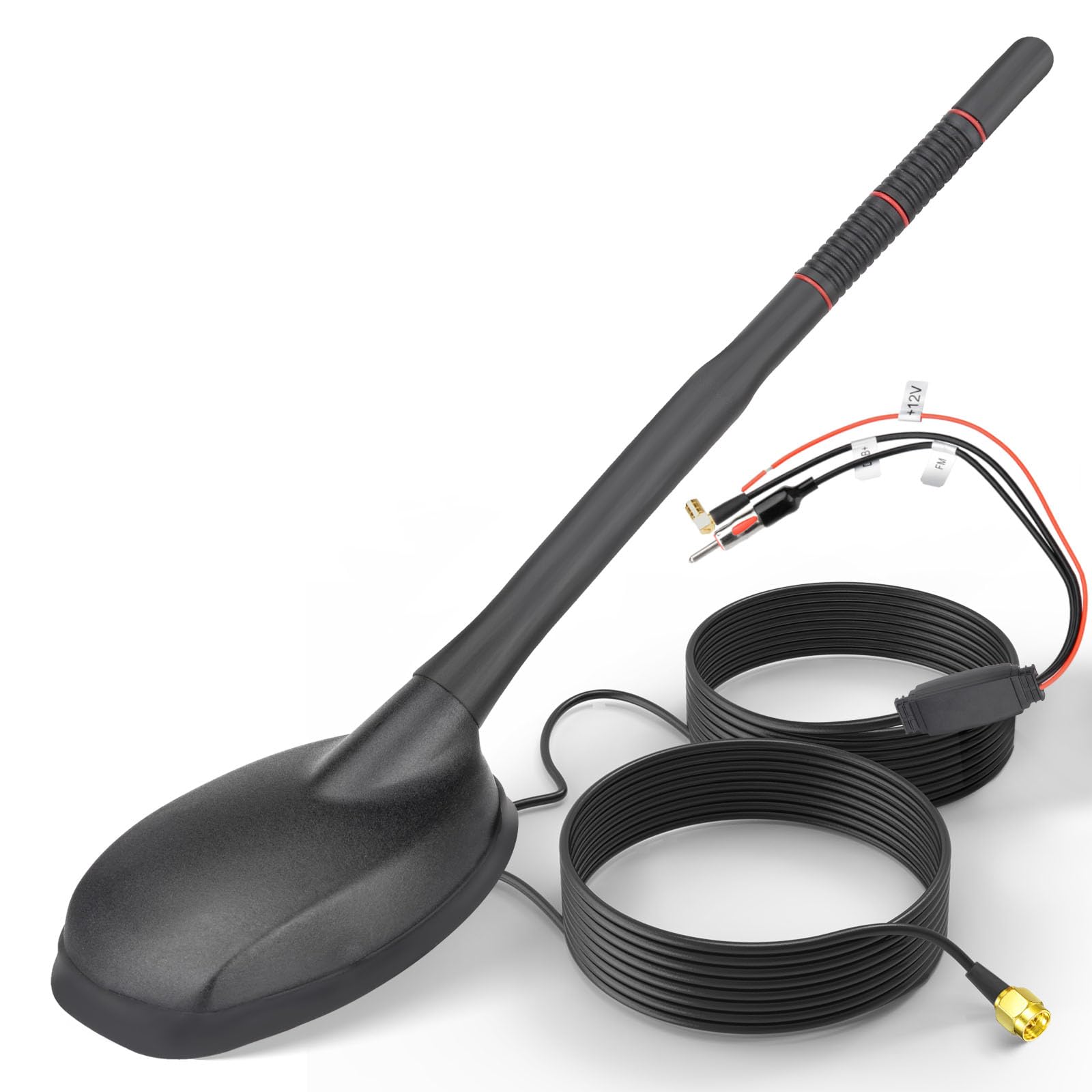 Eightwood Aktive DAB DAB+ Antenne Auto Digital Radio GPS DAB FM Antenne Auto Dachantenne Autoantenne mit Verstärker with SMB/SMA Stecker DIN Adapter Auto Radio Splitter Amplifier Verlängerung Kabel 5M