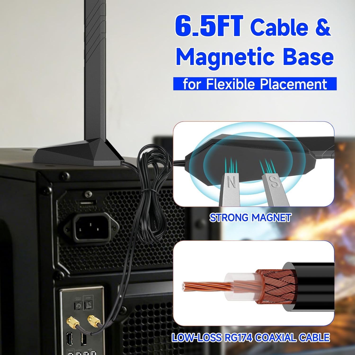 WiFi 7 High Gain Antenna mounted on a gaming PC case for low-latency online gaming