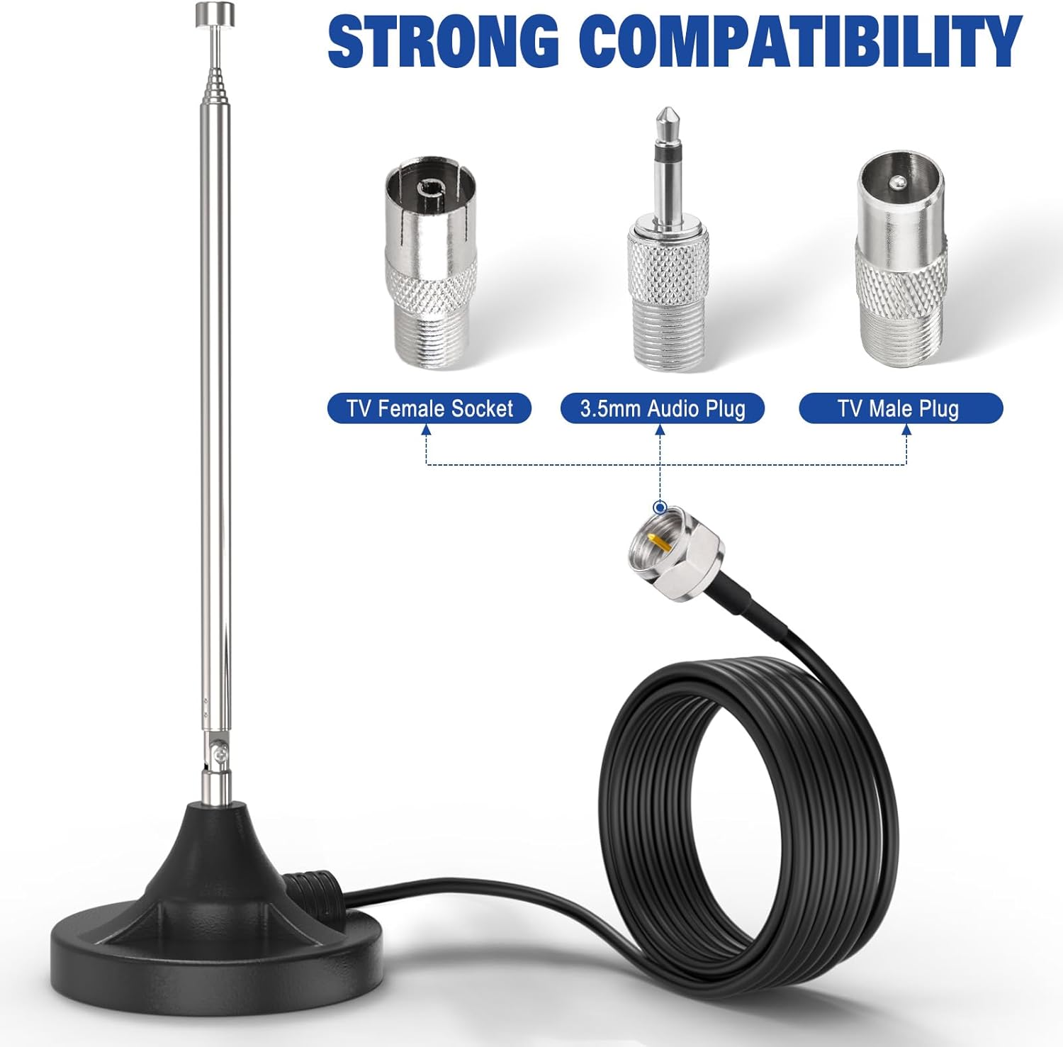Eightwood FM Radio Antenna Magnetic Base Indoor FM Telescopic Antenna F Type Plug Connector with Adapter for Pioneer Onkyo Yamaha Marantz Bluetooth Home Theater Stereo Receiver HD Radio