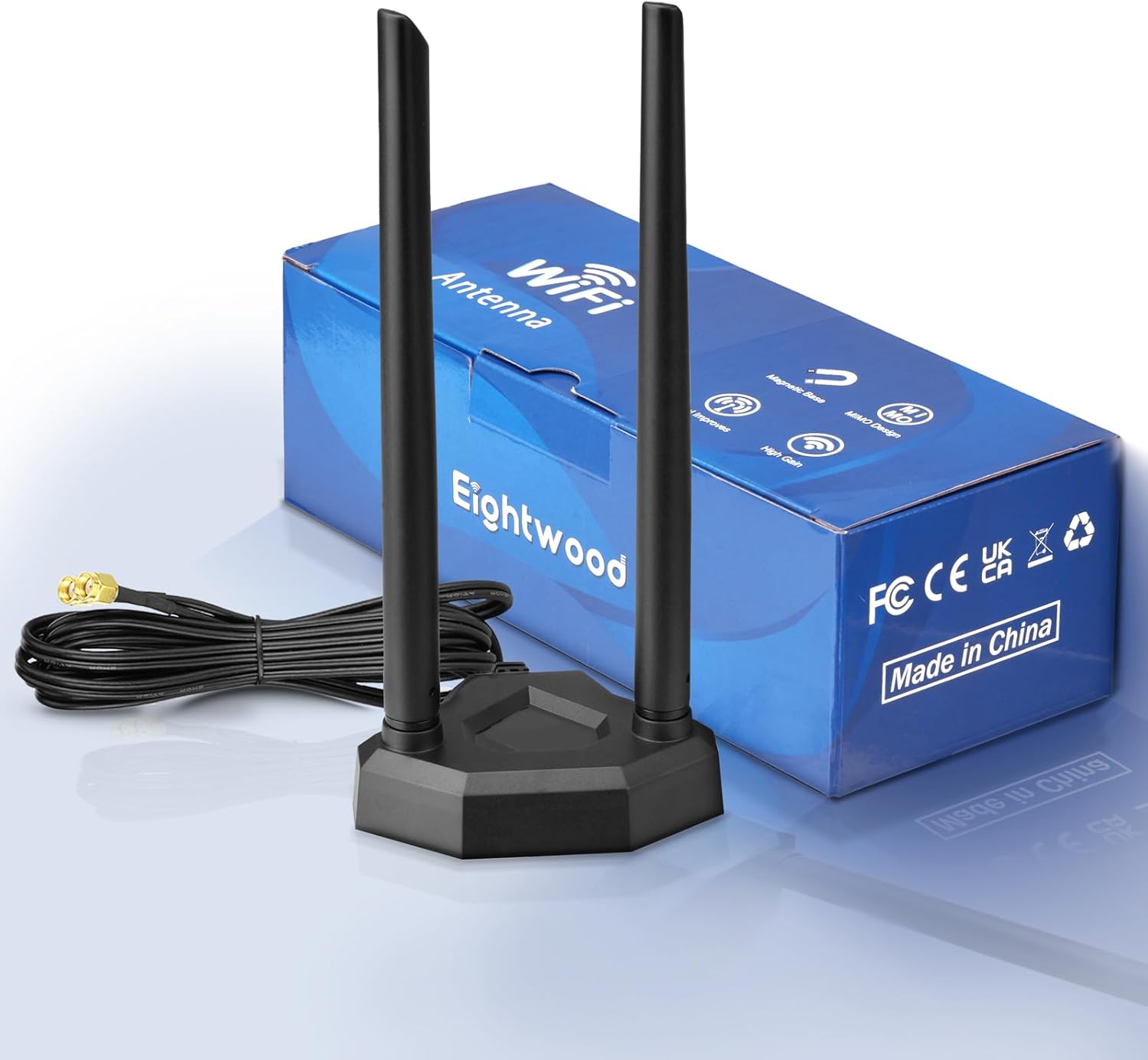 Eightwood 2.4G/5.8G Dualband WLAN Antenne für PC/Router mit Magnetfuß + 200 cm RP-SMA Verlängerungskabel - Signalverstärker für Bluetooth WLAN-Karten PCI PCIe-Karten PC Mainboard