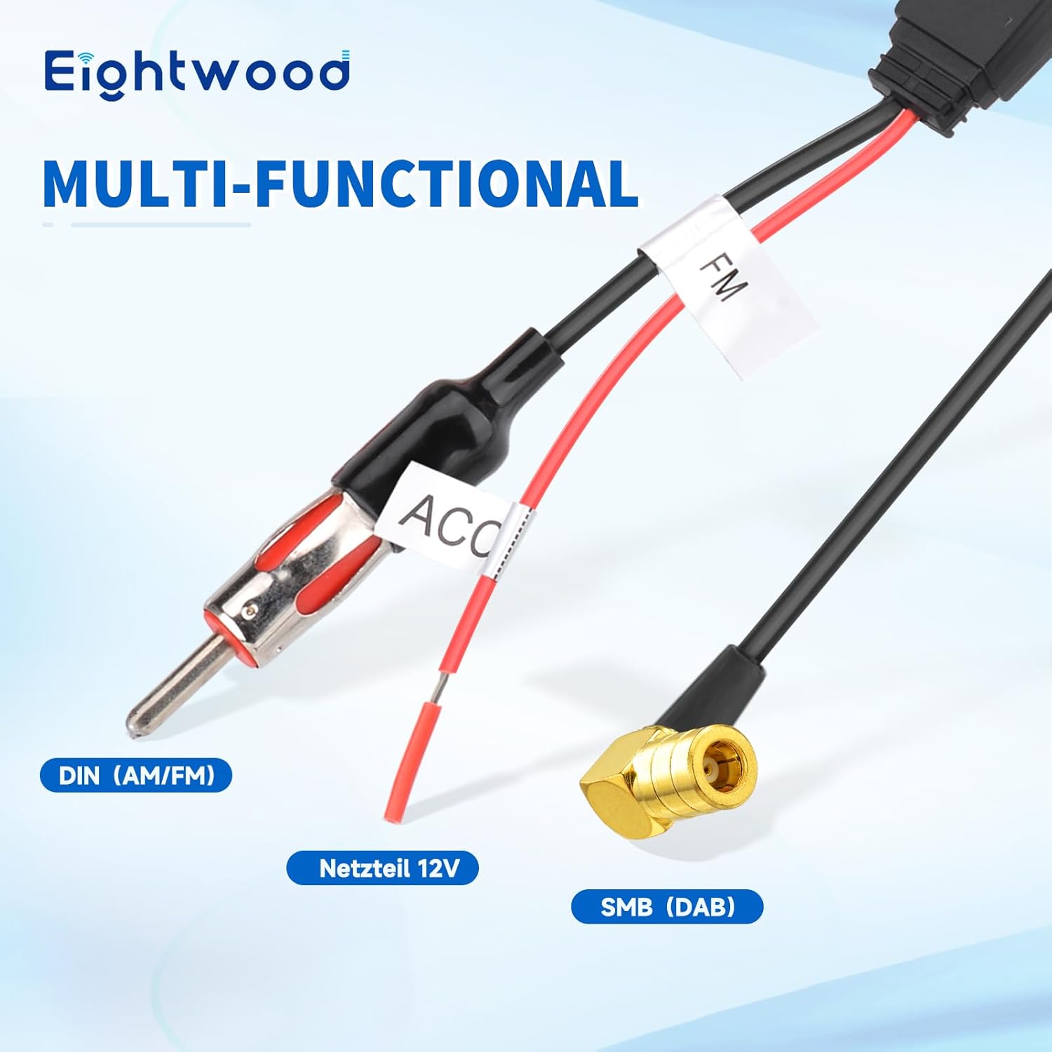 Eightwood Aktive DAB/DAB+ Antenne Shark Antenne Auto Digital Radio FM Antenna Auto Dachantenne Autoantenne mit Verstärker with SMB Stecker DIN Adapter Autoradio Splitter 5M Verlängerung Kabel