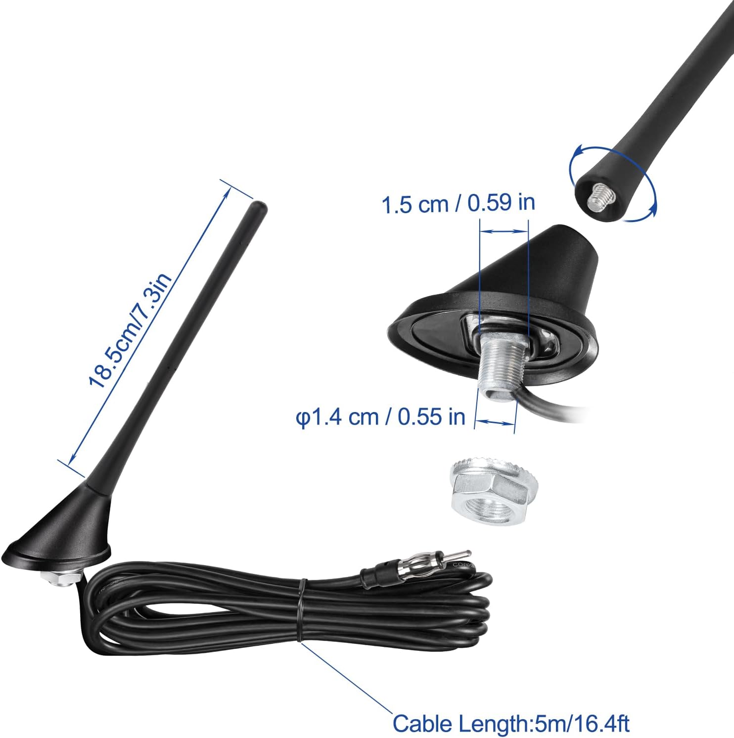 Eightwood Universal Car Radio Rubber Antenna 7in, FM AM Roof Mount Vehicle Antennae Replacement with Mount Base 16ft Cable for Car Truck Stereo Receiver Head Unit