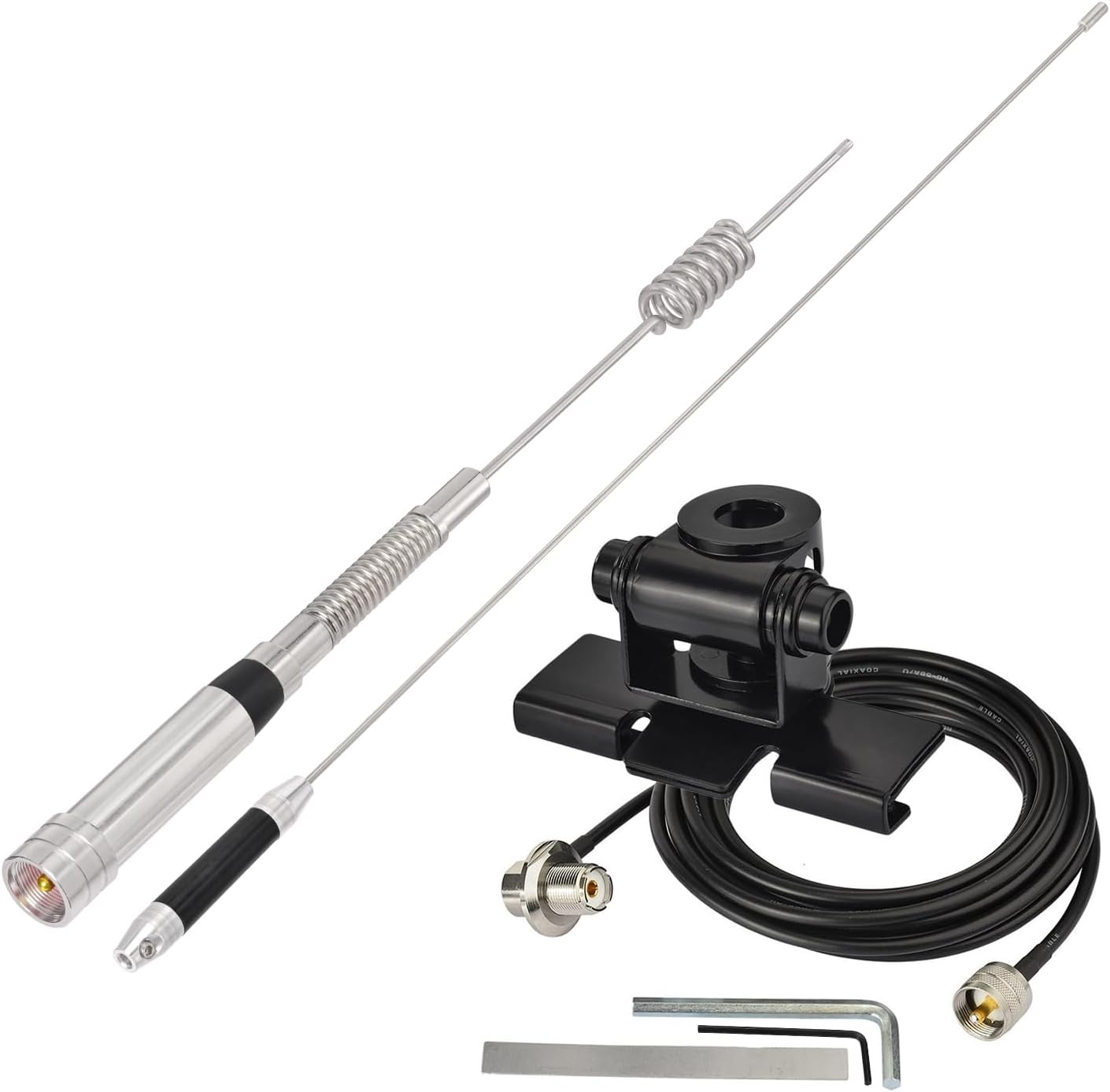 Eightwood VHF UHF Antenna Car CB Mobile Radio Antenna 75 cm Stainless Steel Dual Band 144/430 MHz Antenna CB Radio Antenna Pl259 + 5M Extension Cable for BTECH ICOM Midland Yaesu TYT Cobra