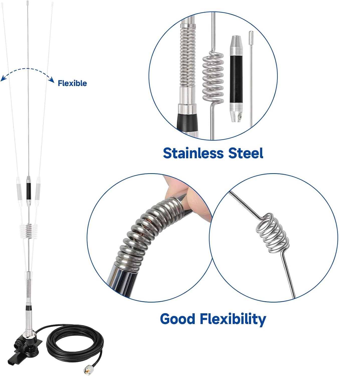 Eightwood VHF UHF Antenna Car CB Mobile Radio Antenna 75 cm Stainless Steel Dual Band 144/430 MHz Antenna CB Radio Antenna Pl259 + 5M Extension Cable for BTECH ICOM Midland Yaesu TYT Cobra
