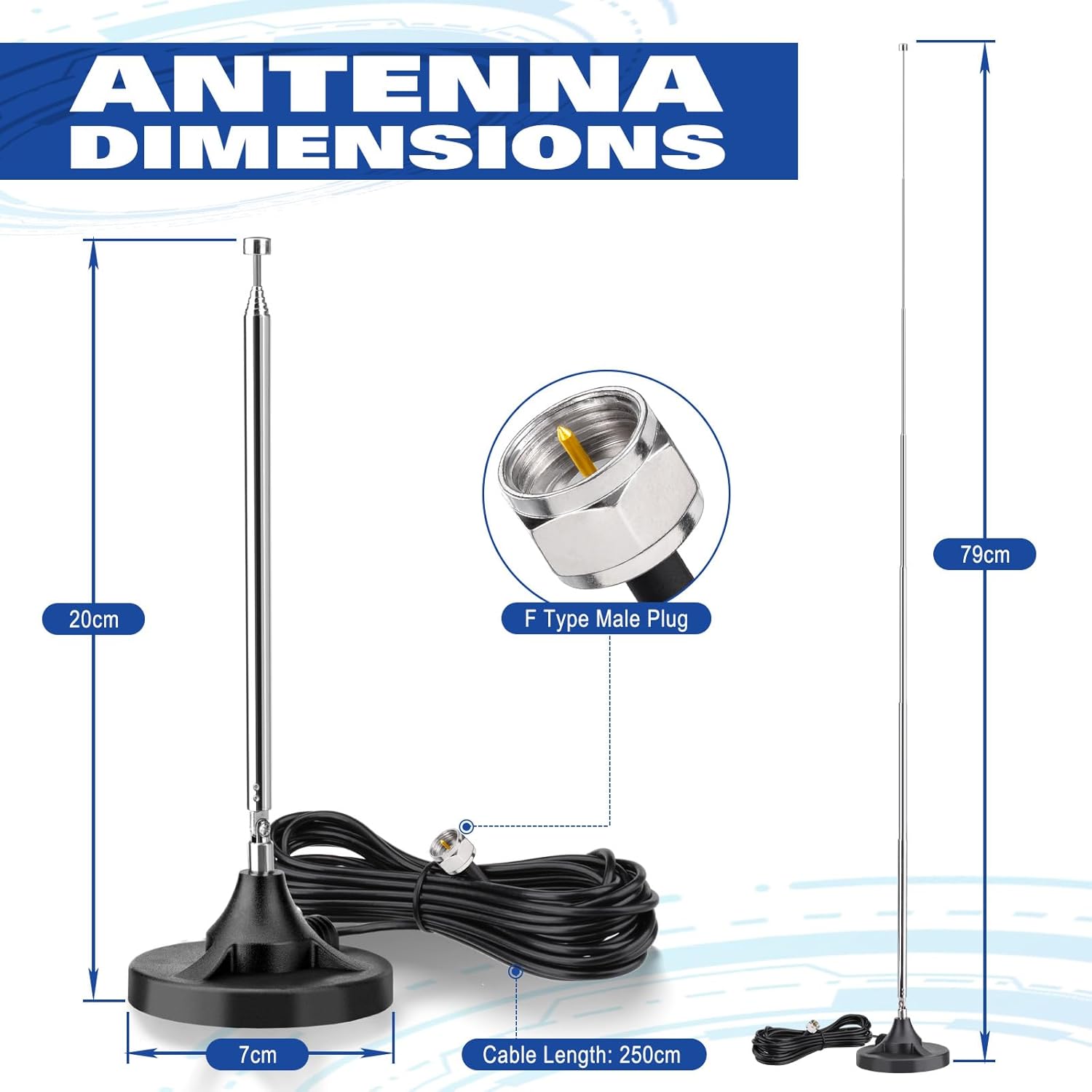 Eightwood FM Radio Antenna Digital Indoor Telescopic Antenna FM Radio Antenna 75 Ohm with Magnetic Base Extension Cable for DAB+ Radio FM Radio Tuner Stereo AV HiFi Receiver Sony Pioneer Bose