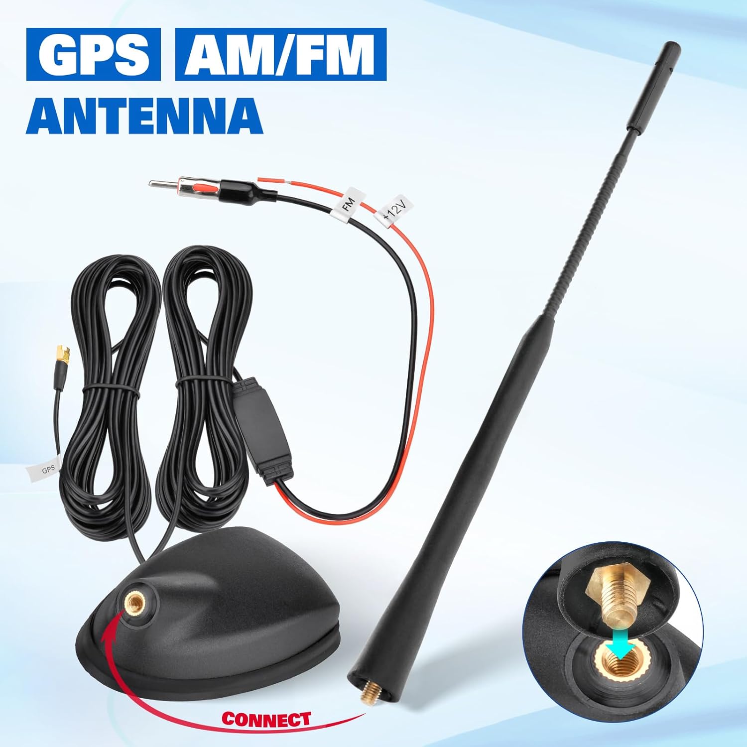 Eightwood Aktiv GPS FM Antenne Auto mit Verstärker und Montagefuß - FM/AM GPS Universal Dachantenne + 5M Verlängerungskabel SMA/DIN Stecker für Auto Radio Navigation