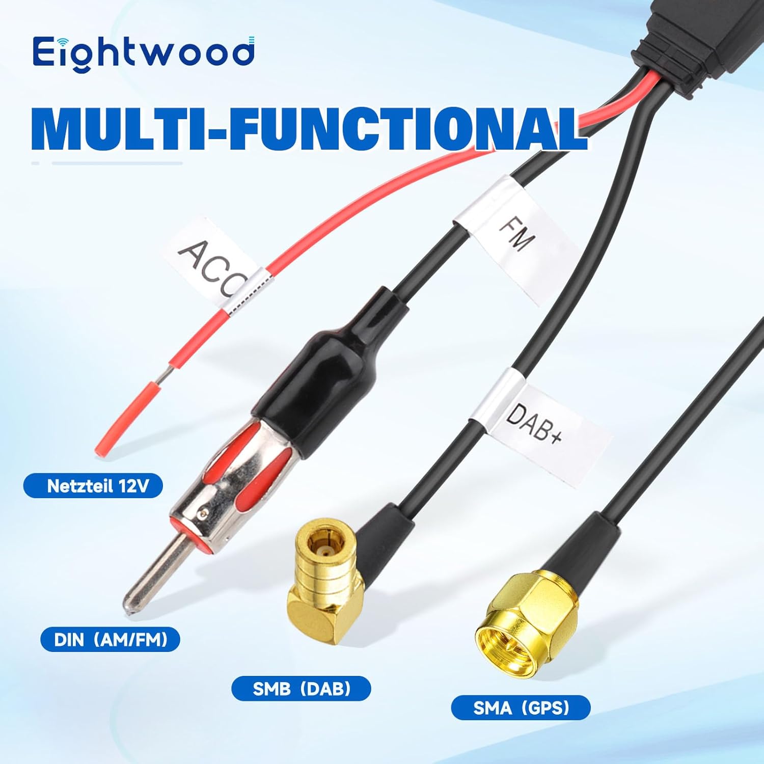 Eightwood DAB DAB+ Antenne Autoradio Antennensplitter AM/FM GPS Dachantenne Shark Antenne Auto mit Signal Verstärker Von KFZ Haifischflosse Antenna SMB Stecker SMA Adapter DIN mit 5M Extension Kabel