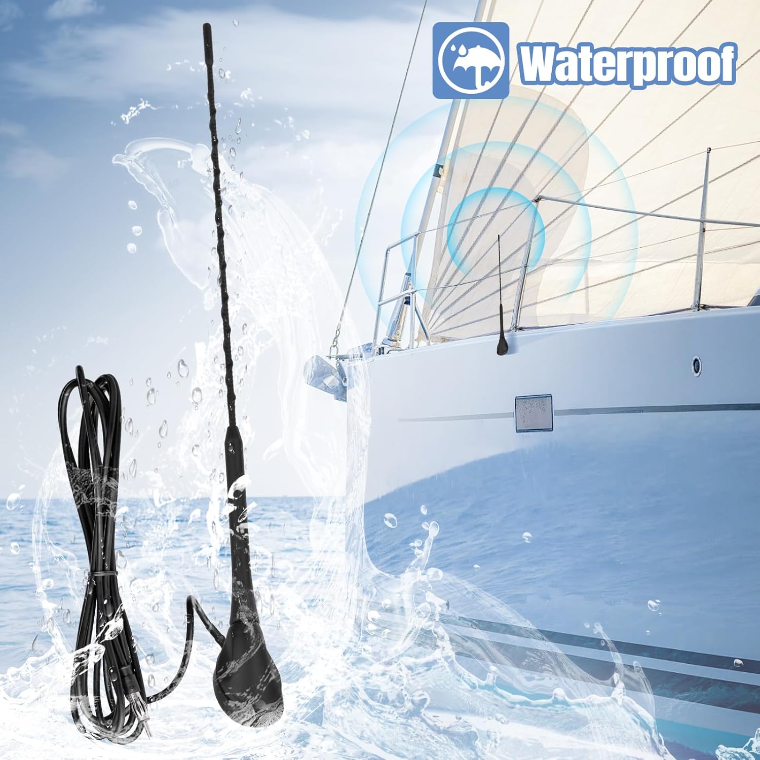Eightwood Vehicle Marine Boat Radio Antenna 18.5 Inch, FM AM Stereo Antenna Mast with Mount Base and 6.5 Feet Extension Cable for Boat Car Truck RV ATV UTV Yacht Pontoon