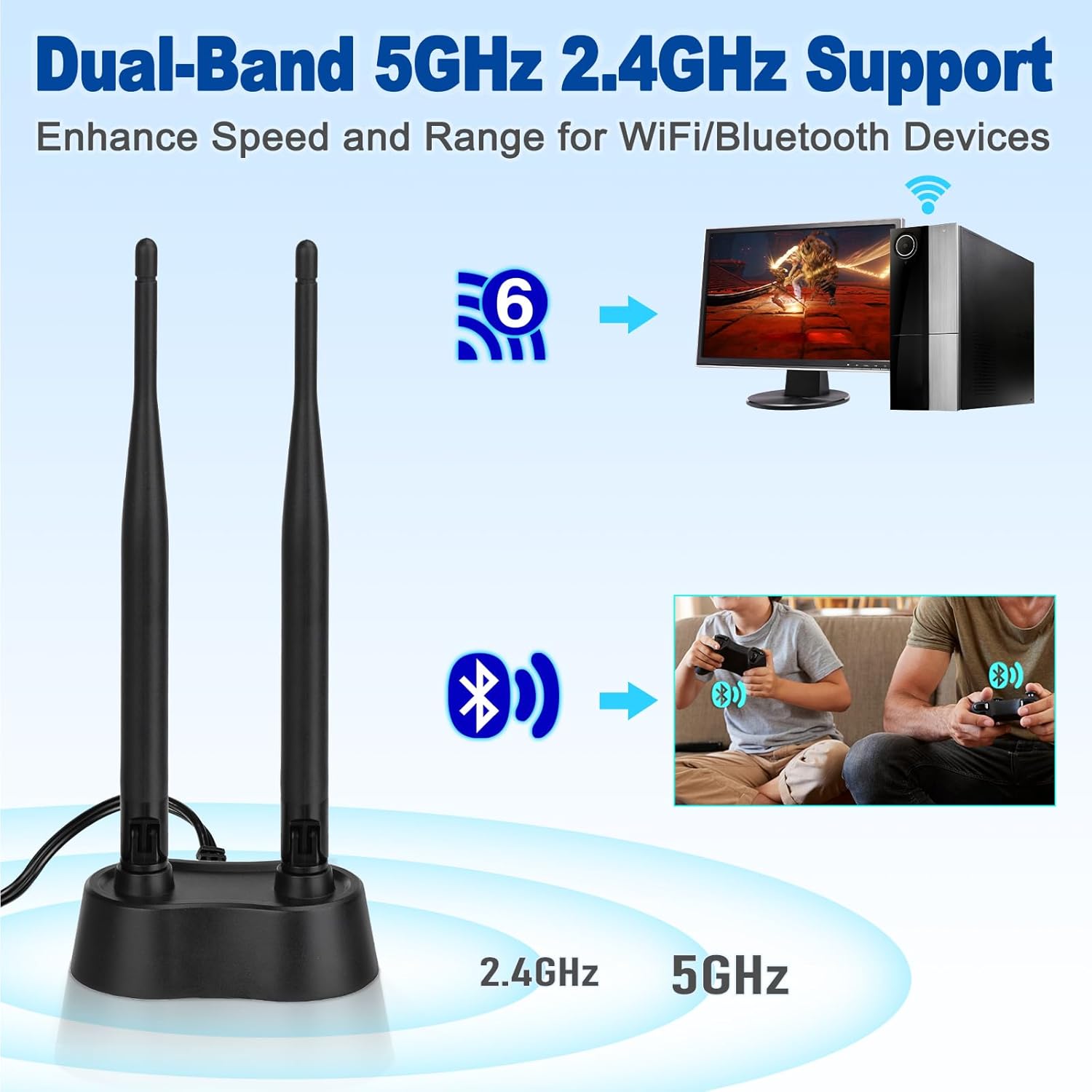 Eightwood 9dBi Dual Band WiFi Antenna 2.4GHz 5GHz RP-SMA WiFi Antenna with Magnetic Base and 6.5ft Extension Cable for PC Desktop Computer PCIe WiFi Bluetooth Wireless Network Card, WiFi Router