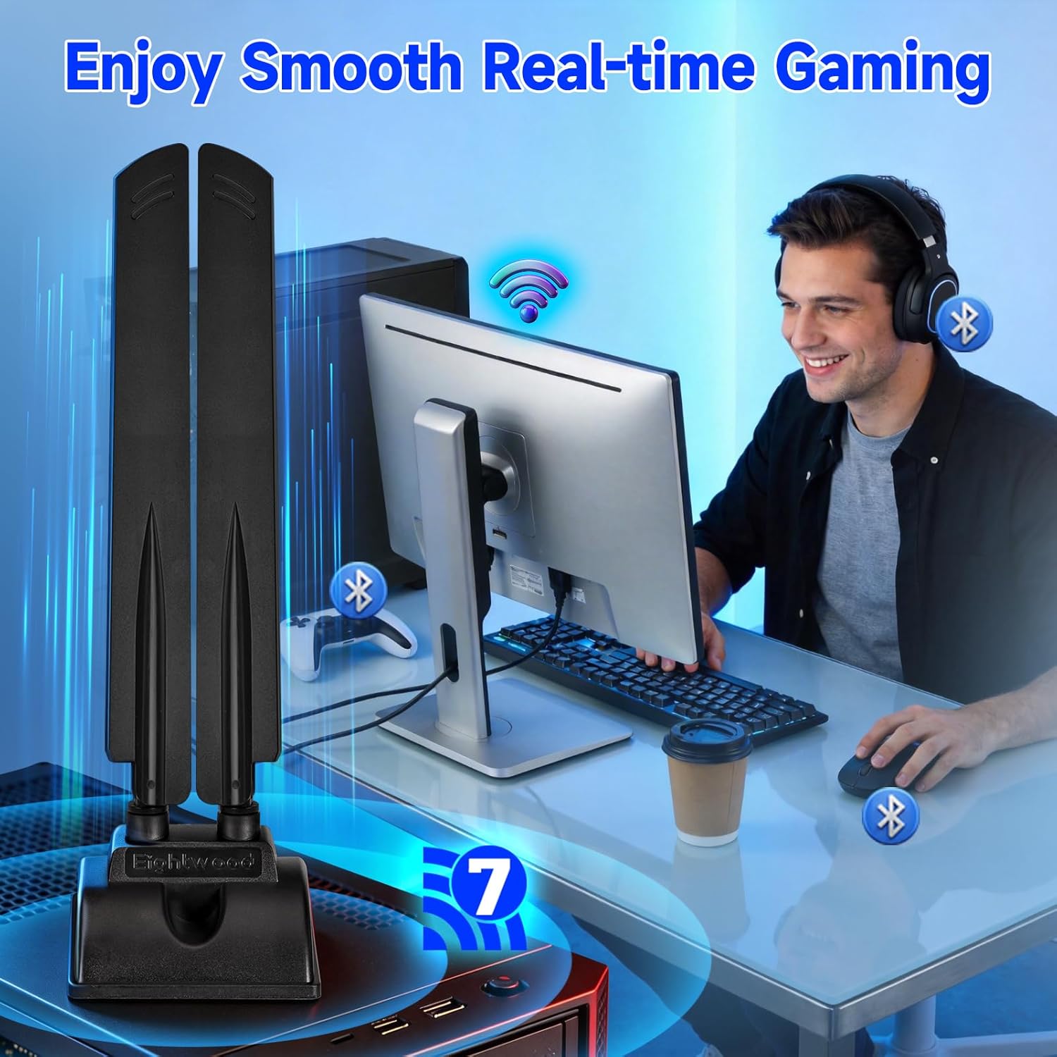 Eightwood WiFi 7 WiFi 6E Gaming PC Motherboard Antenna for ASUS ROG Strix X870E-E/B850-A, TUF Gaming B850-PLUS/X870-PLUS, Prime X870-P, Magnetic Base with 6.5ft Cable and Push-On Connector