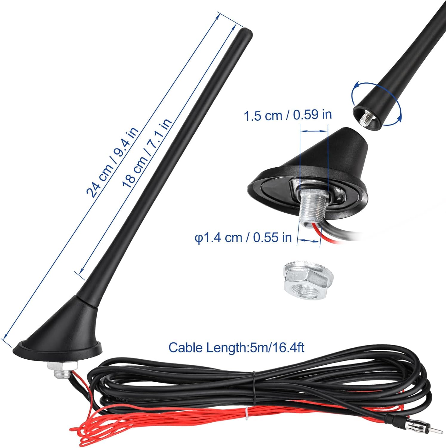 Eightwood Car Stereo FM AM Radio Antenna, Universal Roof Mount Amplified Antenna with 12V Power Wire DIN Plug Connector for Vehicle Car Truck SUV Radio Stereo Receiver Media Head Unit