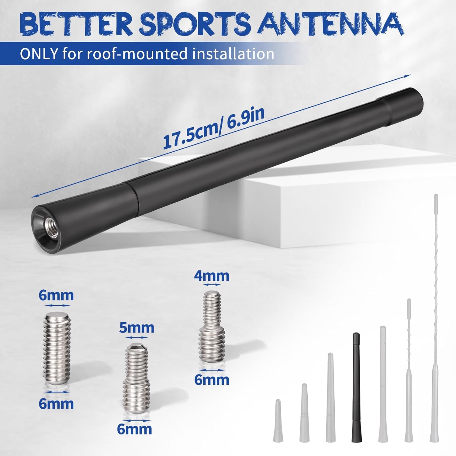 Eightwood Vehicle Radio Antenna 6.9 inch, Flexible Universal Roof Mount Car Antenna Mast Replacement with M4 M5 M6 Screw Adapter