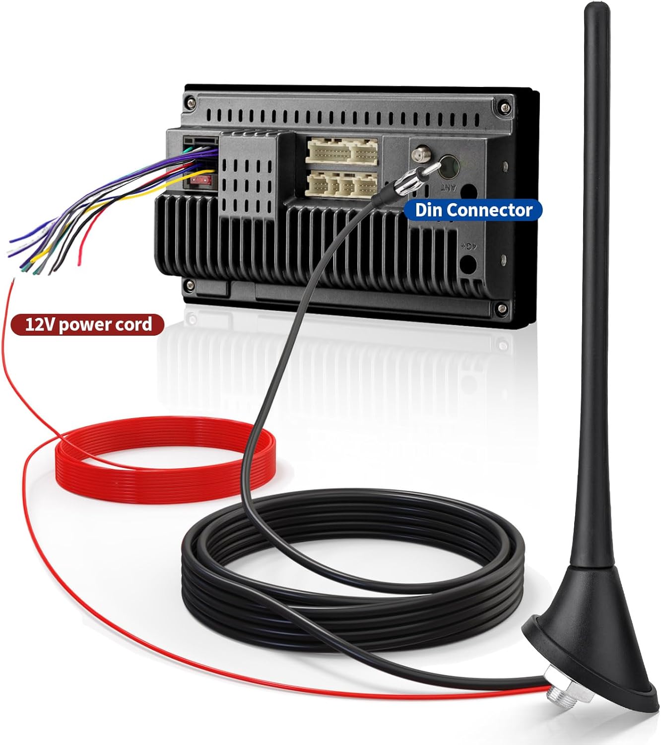 Eightwood Car Stereo FM AM Radio Antenna, Universal Roof Mount Amplified Antenna with 12V Power Wire DIN Plug Connector for Vehicle Car Truck SUV Radio Stereo Receiver Media Head Unit