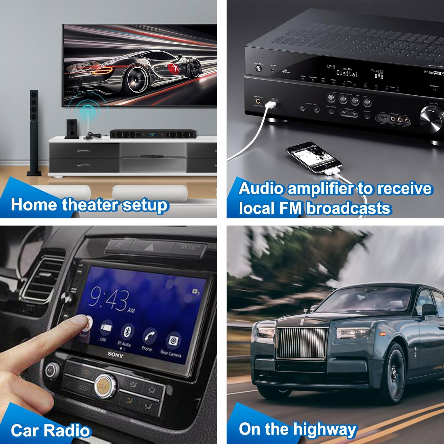 Eightwood FM Radio Antenna Magnetic Base Indoor FM Telescopic Antenna F Type Plug Connector with Adapter for Pioneer Onkyo Yamaha Marantz Bluetooth Home Theater Stereo Receiver HD Radio
