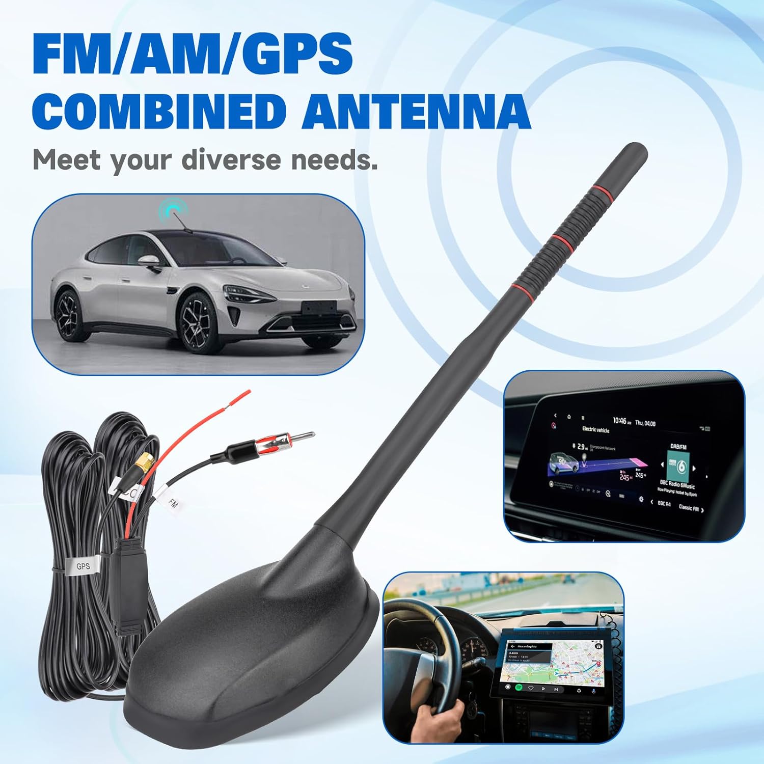 Eightwood FM/AM GPS Dachantenne Auto Radio Antenne Aktive Autoantenne mit Verstärker Auto Radio Amplifier 5M Verlängerung Kabel für Pioneer Blaupunkt Pioneer Clarion Alpine Digital Tuner