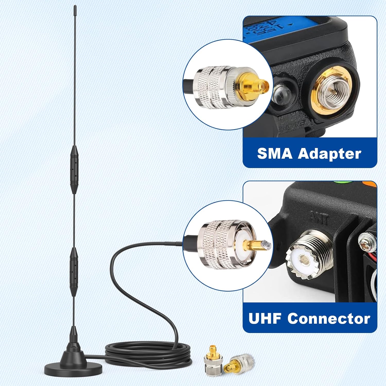 Eightwood VHF UHF Antenne Auto CB Mobilfunkantenne 47.5CM Dualband 144/430 MHz Antenne CB Funkantenne Pl259 Antenne + 300CM Verlängerungskabel für BTECH ICOM Midland Yaesu TYT Cobra usw.