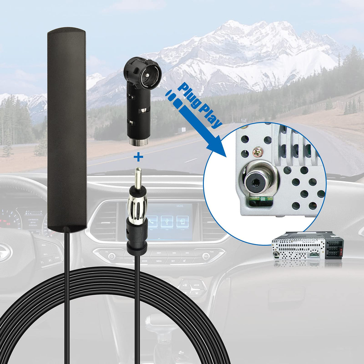 Eightwood Autoradio Antenne FM Car Radio Antenne Radio Patch Windschutzscheiben Paste Antenne FM 3m Kabel + DIN Buchse 41585 auf ISO Adapter für Autos Radios LKWs Universal mit MEHRWEG