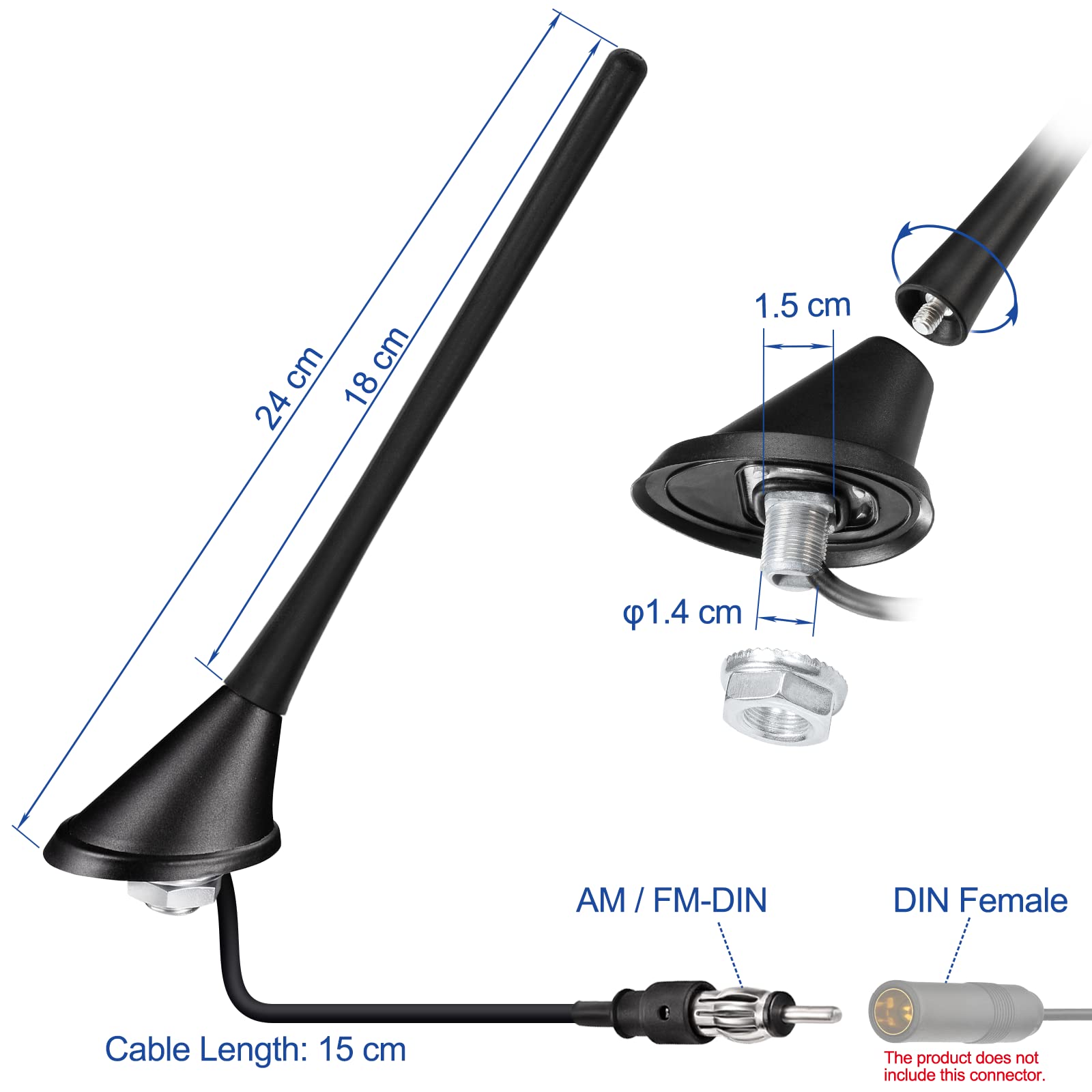 Eightwood FM Autoantenne Dachantenne mit Sockel Antenne Auto Autoantenne FM/AM Autoradio Antenne Amplifier mit DIN Adapter 15CM Kabel
