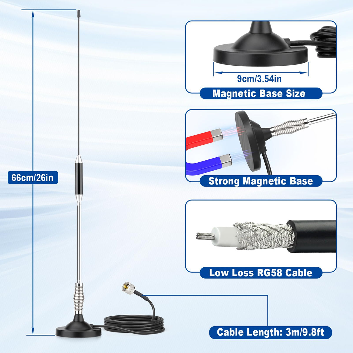 Eightwood CB Antenne 27MHz CB Mobilfunkantenne Auto Radio Antenne 66 cm Pl259 Antenna + 300 cm Verlängerungskabel für Midland President Cobra Uniden Anytone