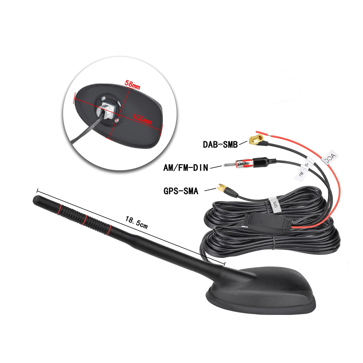 Eightwood Aktive DAB DAB+ Antenne Auto Digital Radio GPS DAB FM Antenne Auto Dachantenne Autoantenne mit Verstärker with SMB/SMA Stecker DIN Adapter Auto Radio Splitter Amplifier Verlängerung Kabel 5M
