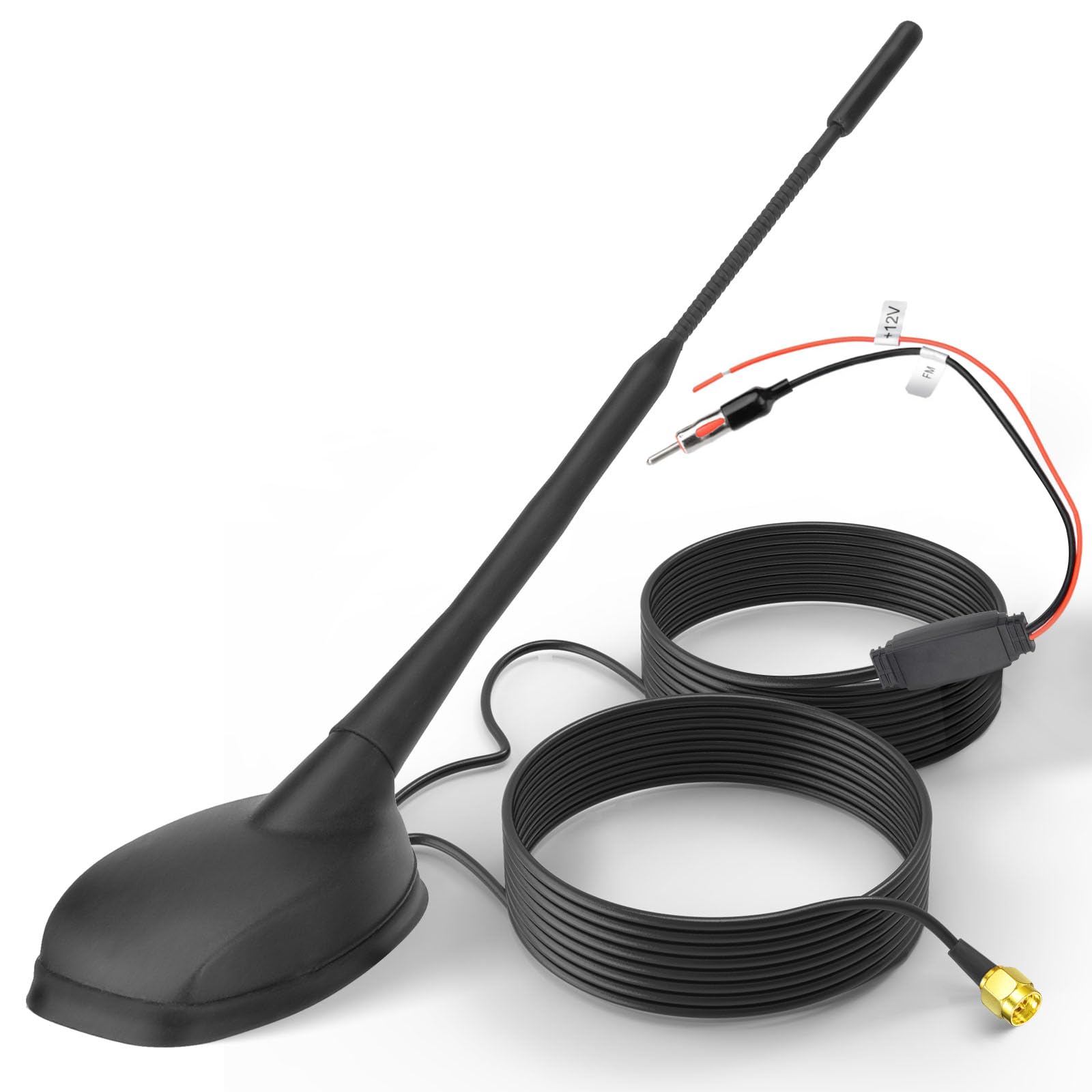 Eightwood FM/AM GPS Dachantenne Auto Radio Antenne Aktive Autoantenne mit Verstärker Auto Radio Amplifier 5M Kabel SMA Stecker DIN Adapter für Pioneer BP Clarion Alpine Digital Tuner usw