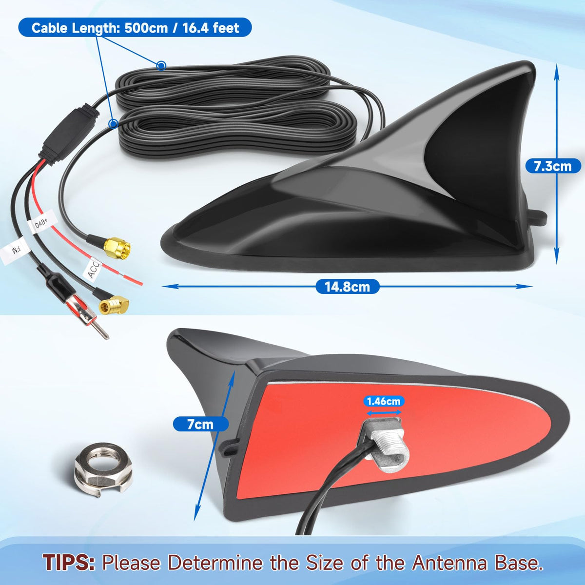 Eightwood DAB+ Antenne Haifischflosse Auto Aktiv Dachantenne mit Signalverstärker FM/AM/GPS Shark Fin Autoantenne mit SMB/DIN/SMA Adapter + 5m Kabel für Pioneer Sony Alpine Autoradio Digital Tuner