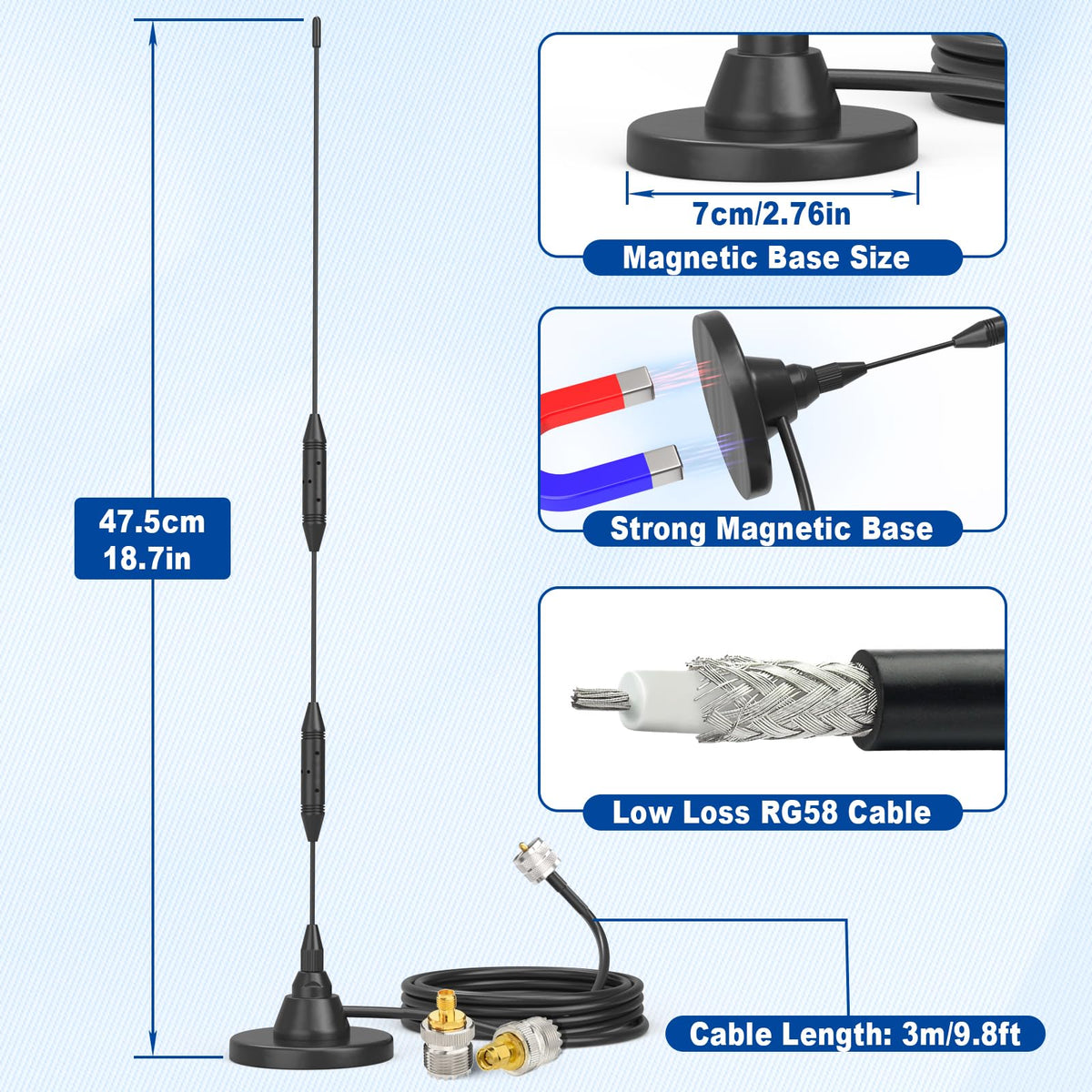 Eightwood VHF UHF Antenne Auto Mobilfunkantenne 144/430 MHz Dualband Antenne 47.5CM Amateurfunkantenne Pl259 Antenna mit SMA Adapter 3 M Verlängerungskabel für BTECH ICOM Midland Yaesu TYT Cobra