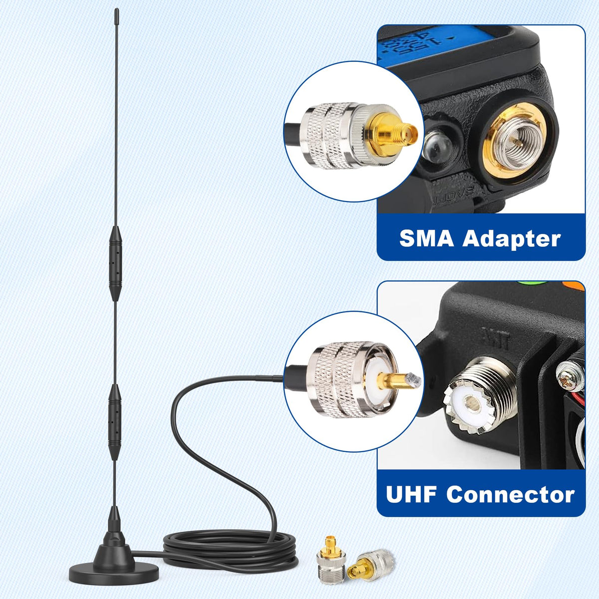 Eightwood VHF UHF Antenne Auto Mobilfunkantenne 144/430 MHz Dualband Antenne 47.5CM Amateurfunkantenne Pl259 Antenna mit SMA Adapter 3 M Verlängerungskabel für BTECH ICOM Midland Yaesu TYT Cobra