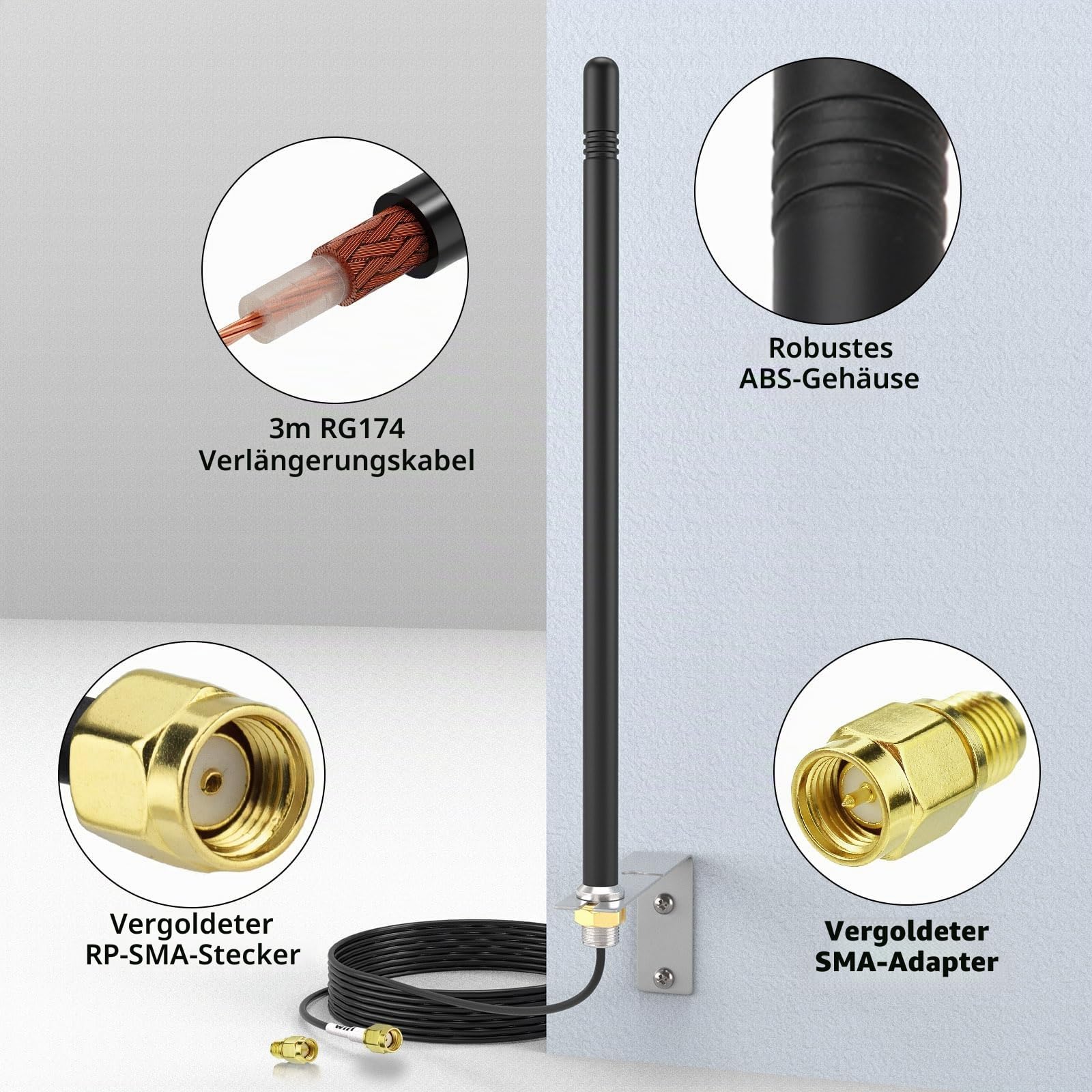 Eightwood Dualband 2,4GHz 5,8GHz WLAN Antenne Outdoor mit L-Halterung Wandbefestigung 6dBi High Gain Omni-direktionale WiFi Antenne wasserdicht 3 m RG174 Kabel RP-SMA Stecker für Router IP Kamera