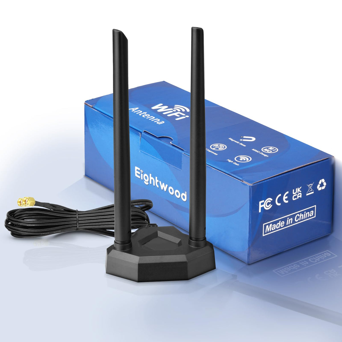 Eightwood 2.4G/5.8G Dualband WLAN Antenne für PC/Router mit Magnetfuß + 200 cm RP-SMA Verlängerungskabel - Signalverstärker für Bluetooth WLAN-Karten PCI PCIe-Karten PC Mainboard
