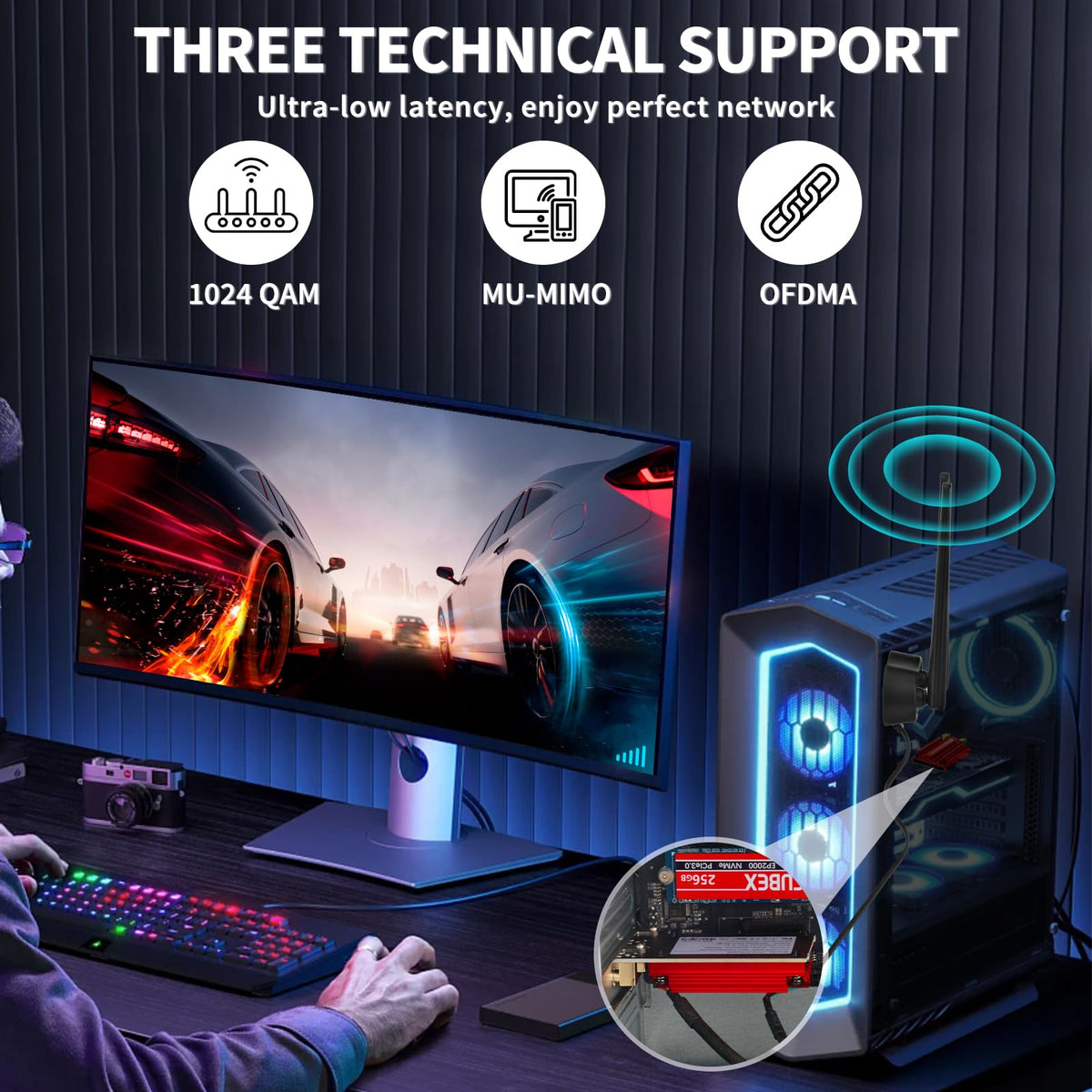 Eightwood WLAN Karte WiFi 6E Intel AX210 Bluetooth 5.3 WLAN Netzwerkkarte WLAN PCI-E Karte 6G/5G/2.4G Tri Band WiFi 6E Karte 5374 mbit/s mit Wi-Fi 6E Antenne + CD für PC Windows 11/10 (64 bit) Laptop