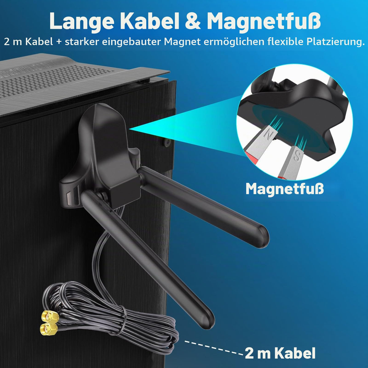 Eightwood WiFi 6E Antenne WLAN Signal Verstärker Tri-Band Magnetic Base mit RP-SMA 2M Verlängerungskabel für Wi-Fi Router Karten PCI Karte PC Bluetooth Mainboard