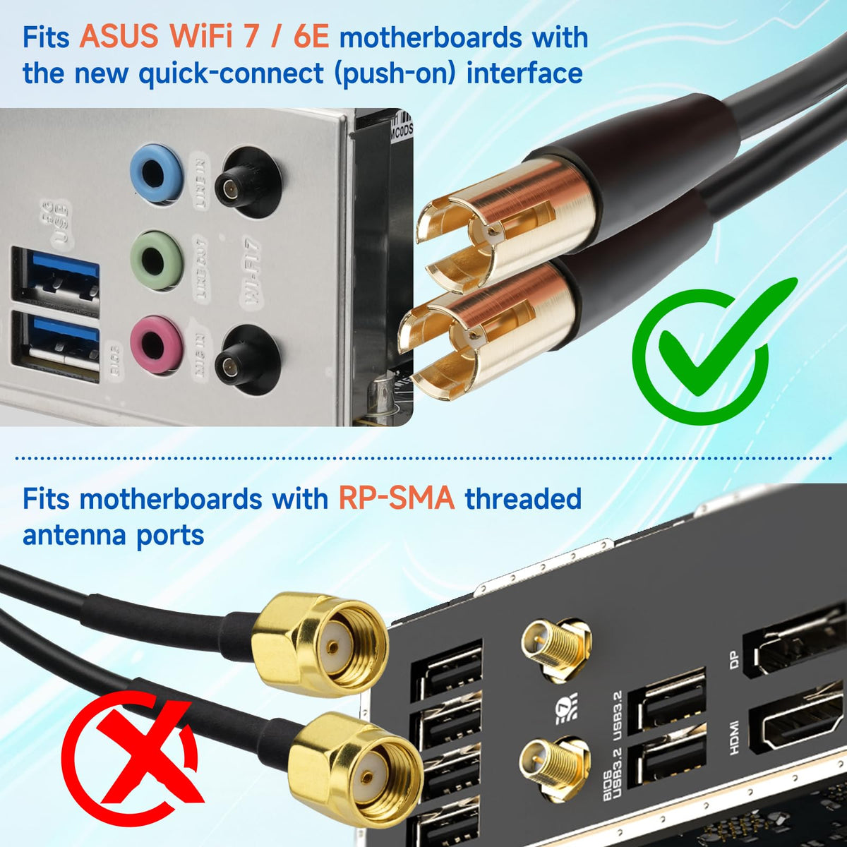 Eightwood WiFi 7 Antenne Tri-Band 2,4GHz 5GHz 6GHz WLAN Antenne PC für ASUS ROG Strix B850-E X870E-E ASUS ROG Maximus Z890 TUF Gaming B850 Z890 Gaming Mainboard WiFi 7 Router mit Magnetfuß + 2m Kabel