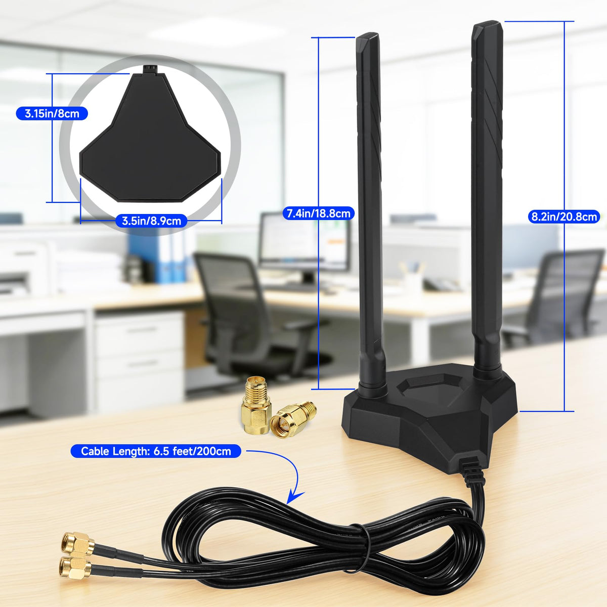 Eightwood WiFi 6E Antenne 2.4GHz 5GHz 6GHz WLAN Antenne RP-SMA Antenna + SMA Adapter Magnetfuß mit 2M Verlängerungskabel für PC Bluetooth Mainboard WLAN Karten PCI Karte WiFi Route