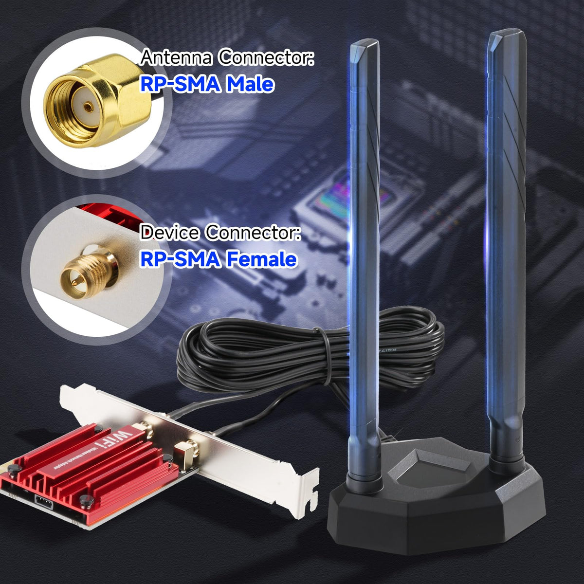 Eightwood WiFi 6E Antenne 2.4GHz 5GHz 6GHz WLAN Antenne RP-SMA Antenna Magnetfuß mit 2M Verlängerungskabel für WLAN Karten PC Mainboard PCI Karte Bluetooth WiFi Route