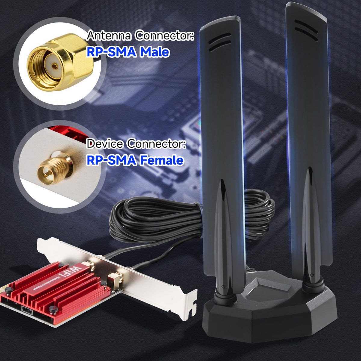 Eightwood WiFi 6E Antenne 2.4GHz 5GHz 6GHz WLAN Antenne RP-SMA Tri-Band Antenna + SMA Adapter Magnetfuß mit 2M Verlängerungskabel für PC Bluetooth Mainboard WLAN Karten PCI Karte WiFi Router
