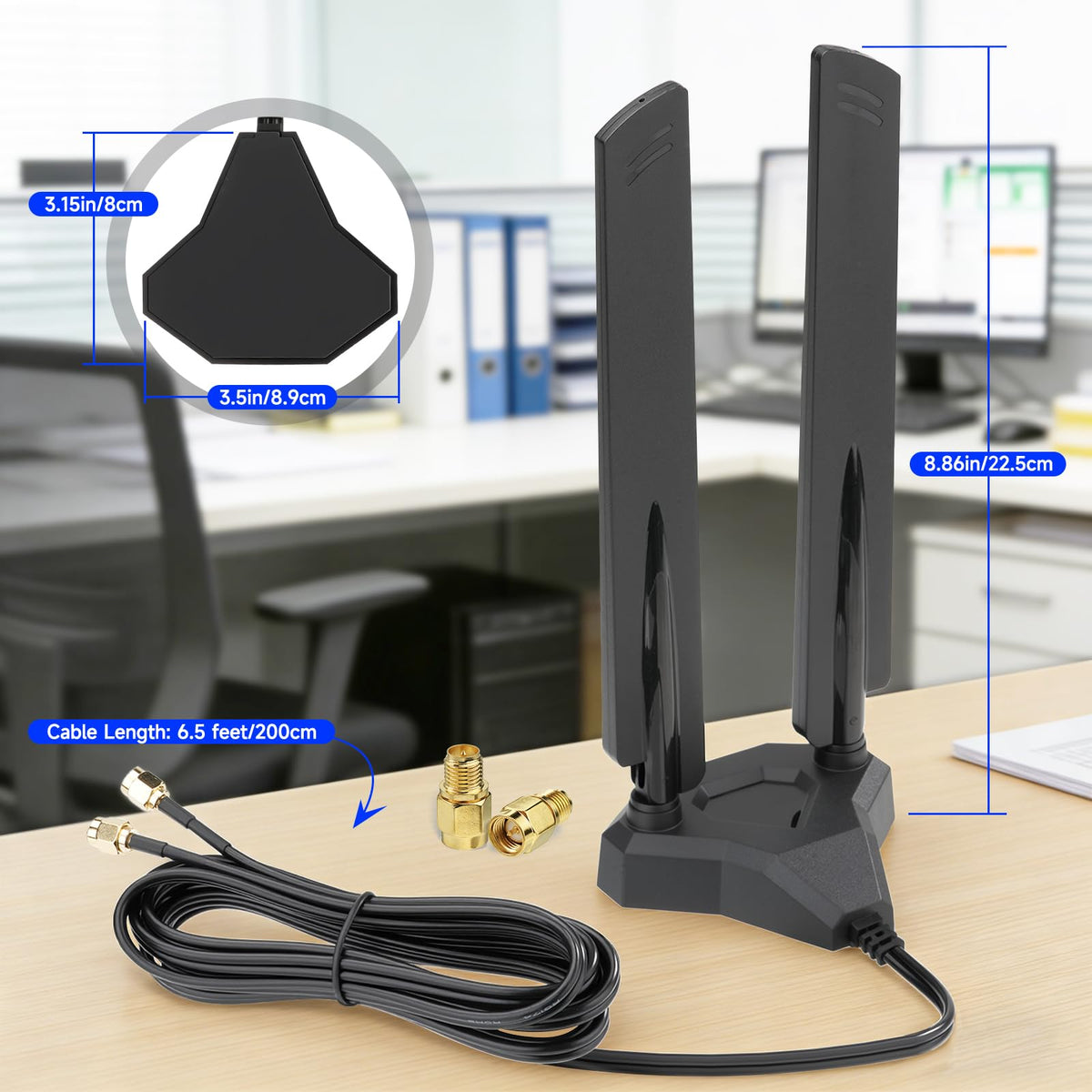 Eightwood WiFi 6E Antenne 2.4GHz 5GHz 6GHz WLAN Antenne RP-SMA Tri-Band Antenna + SMA Adapter Magnetfuß mit 2M Verlängerungskabel für PC Bluetooth Mainboard WLAN Karten PCI Karte WiFi Router