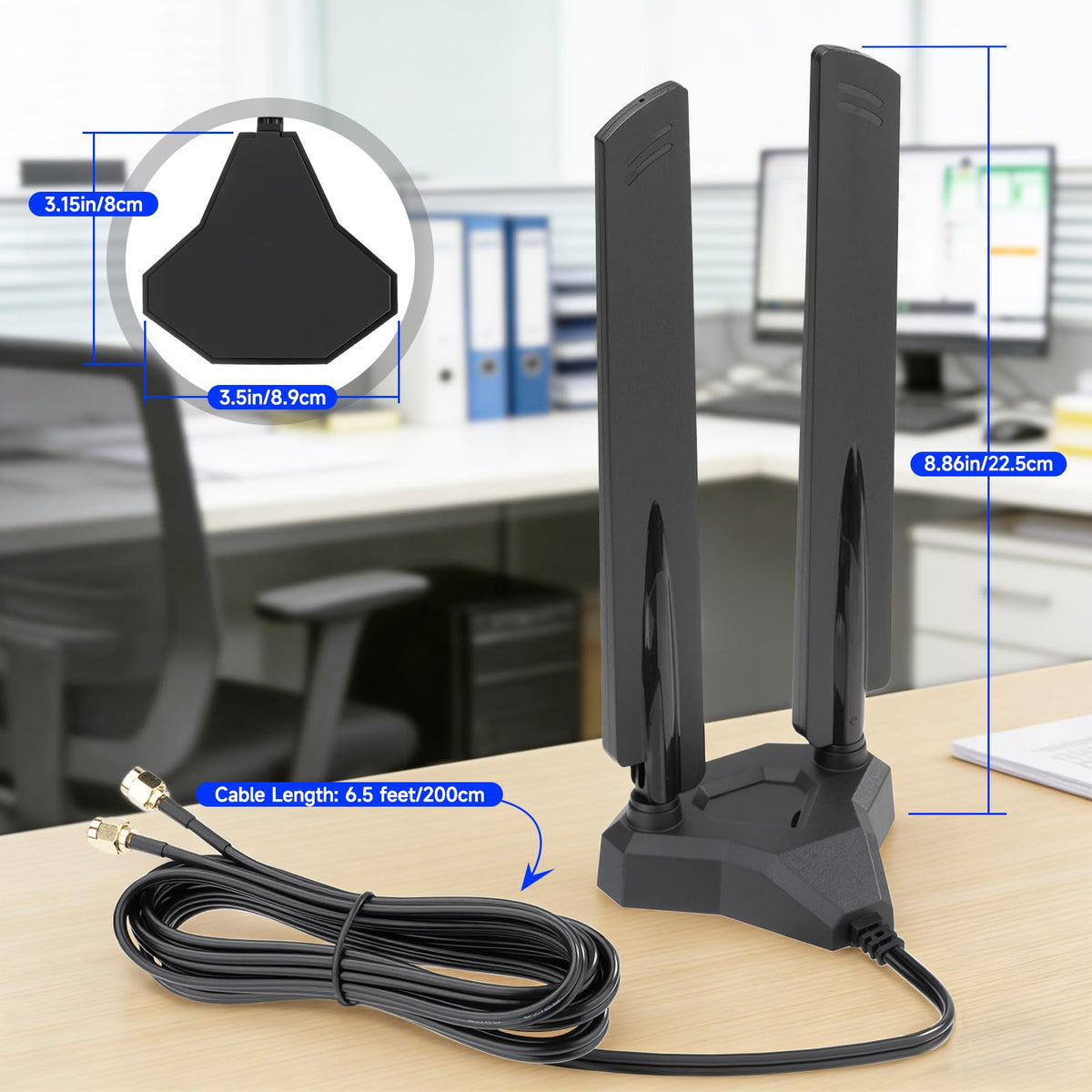 Eightwood WiFi 6E Antenne 2.4GHz 5GHz 6GHz WLAN Antenne RP-SMA Tri-Band Antenna Magnetfuß mit 2M Verlängerungskabel für WLAN Karten PCI Karte PC Bluetooth Mainboard WiFi Route