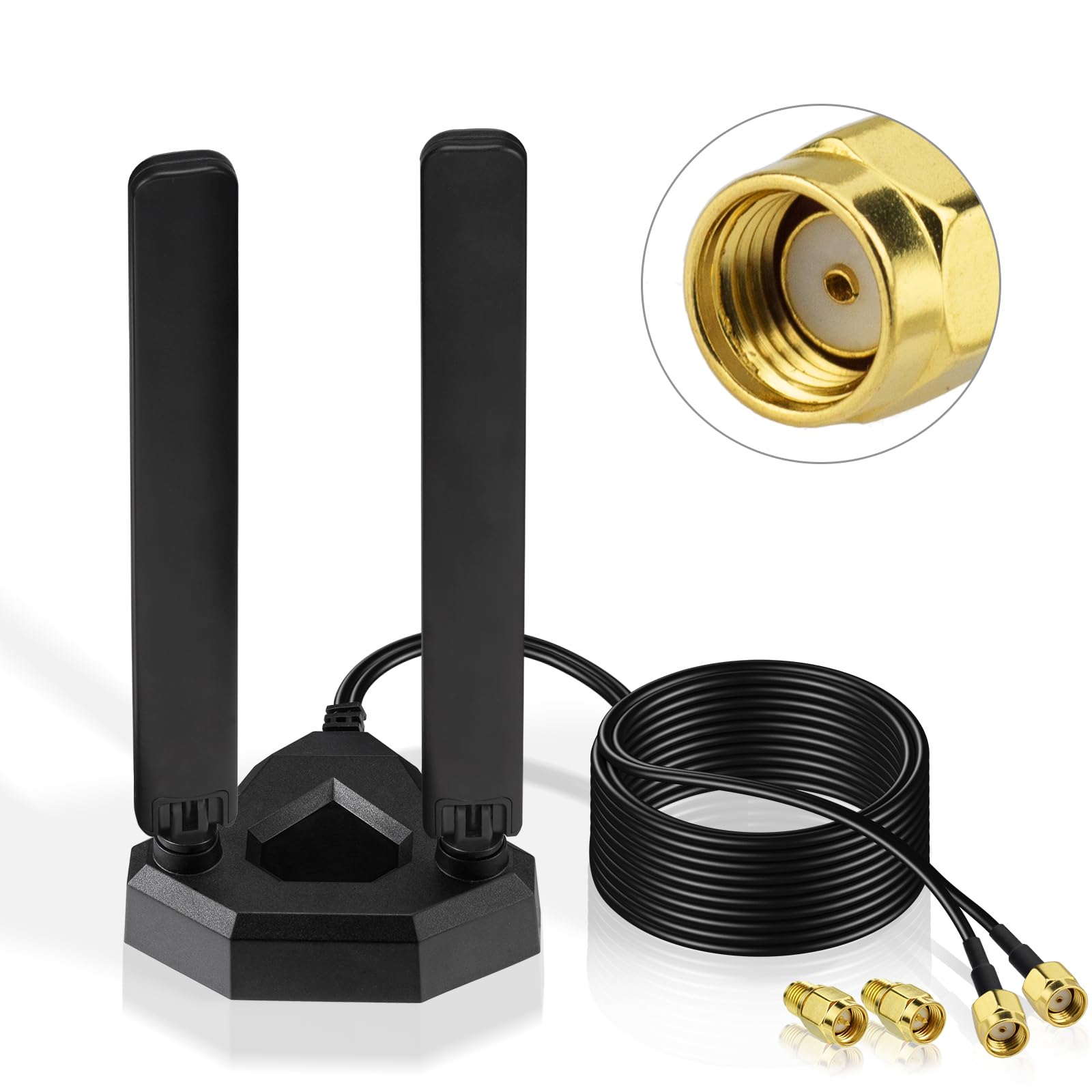 Eightwood WiFi 6E Antenne 2.4GHz 5GHz 6GHz WLAN Antenne Signalverstärkung Tri-Band RP-SMA + SMA Adapter Magnetfuß mit 2M Verlängerungskabel für WLAN Karten PCI Karte PC Router Bluetooth Mainboard