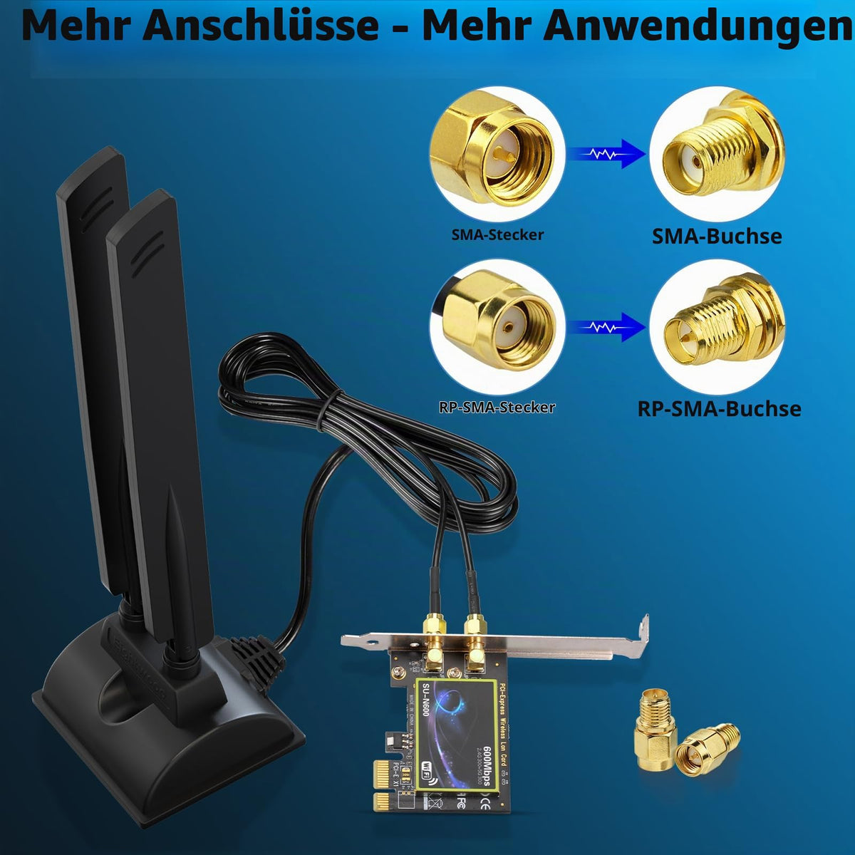 Eightwood WiFi 6E Antenne 2.4GHz 5GHz 6GHz WLAN Antenne Signalverstärkung Tri-Band RP-SMA + SMA Adapter mit 2M Verlängerungskabel für WLAN Karten PCI Karte PC Router Bluetooth Mainboard