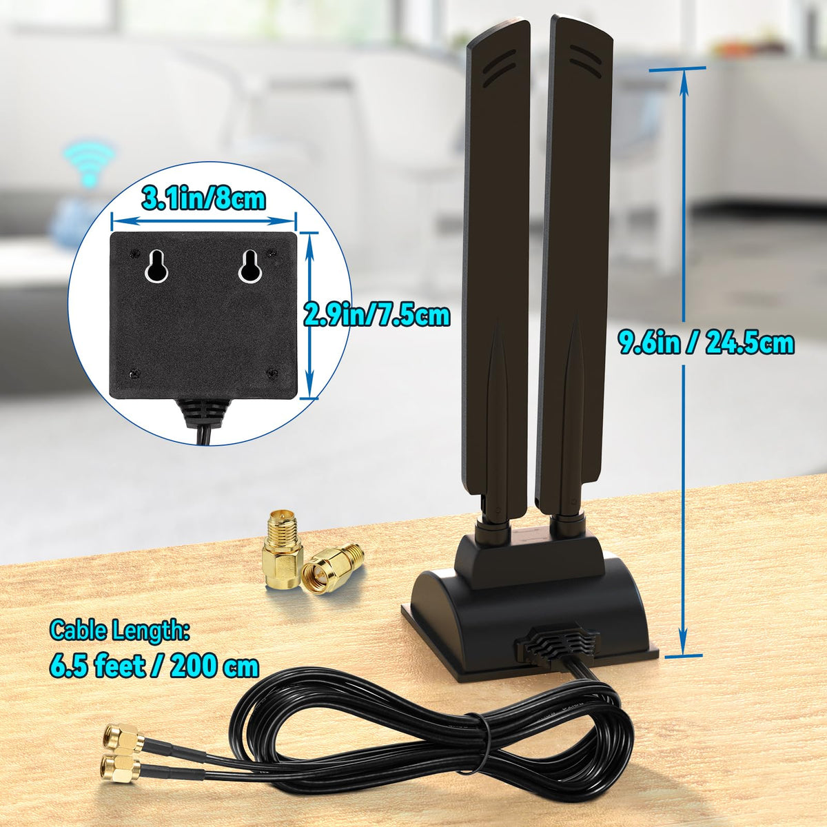 Eightwood WiFi 6E Antenne 2.4GHz 5GHz 6GHz WLAN Antenne Signalverstärkung Tri-Band RP-SMA + SMA Adapter mit 2M Verlängerungskabel für WLAN Karten PCI Karte PC Router Bluetooth Mainboard