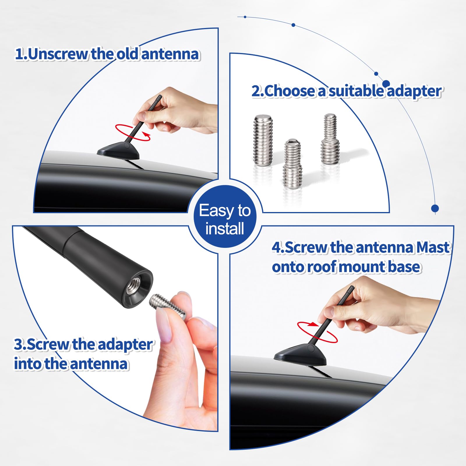 Eightwood Vehicle Radio Antenna 6.9 inch, Flexible Universal Roof Mount Car Antenna Mast Replacement with M4 M5 M6 Screw Adapter