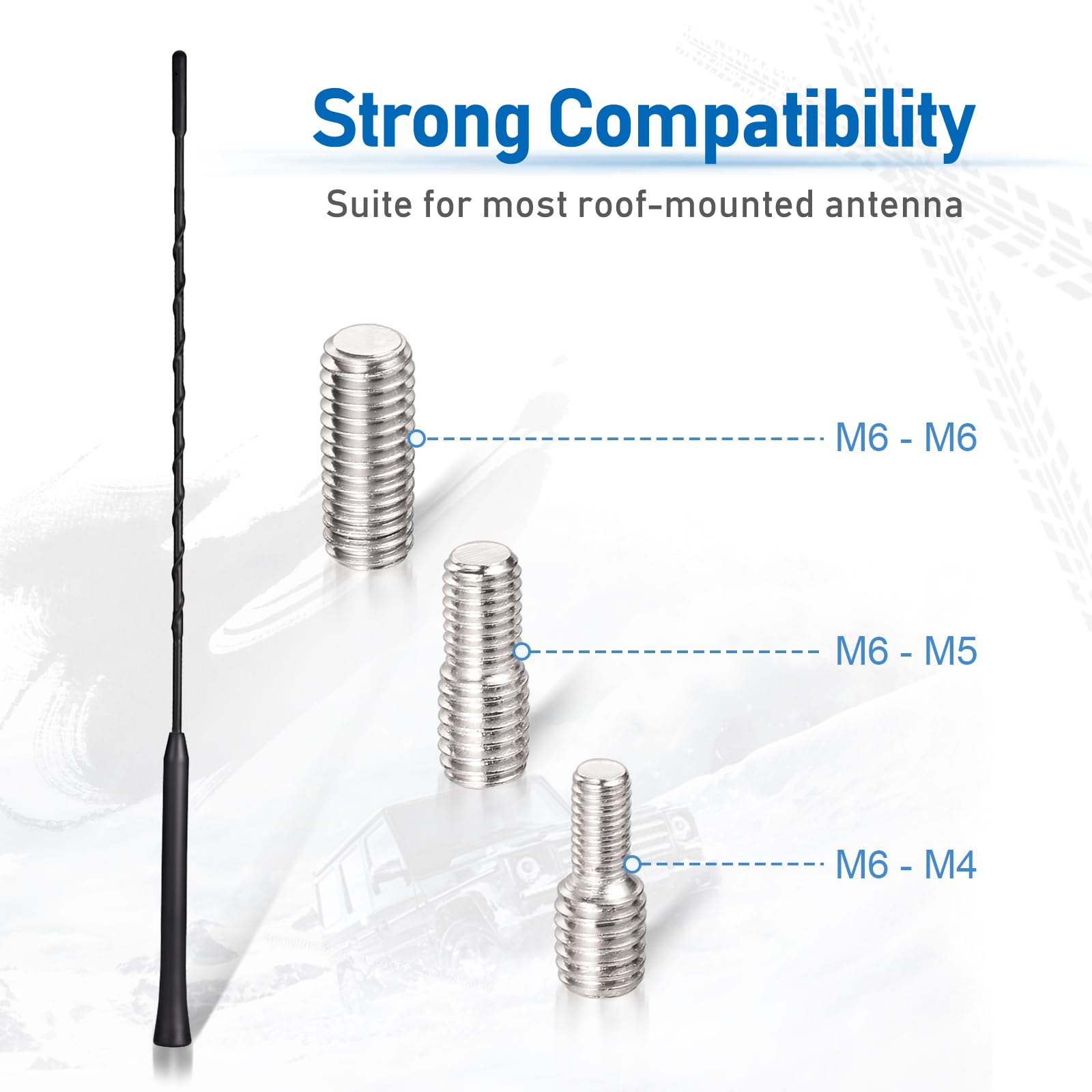 Eightwood Car Antenna Replacement 16 inch (Only for Roof-Mounted), AM FM Universal Roof Mount Car Radio Antenna Mast, Flexible Rubber Antennae with M4 M5 M6 Threaded Adapter