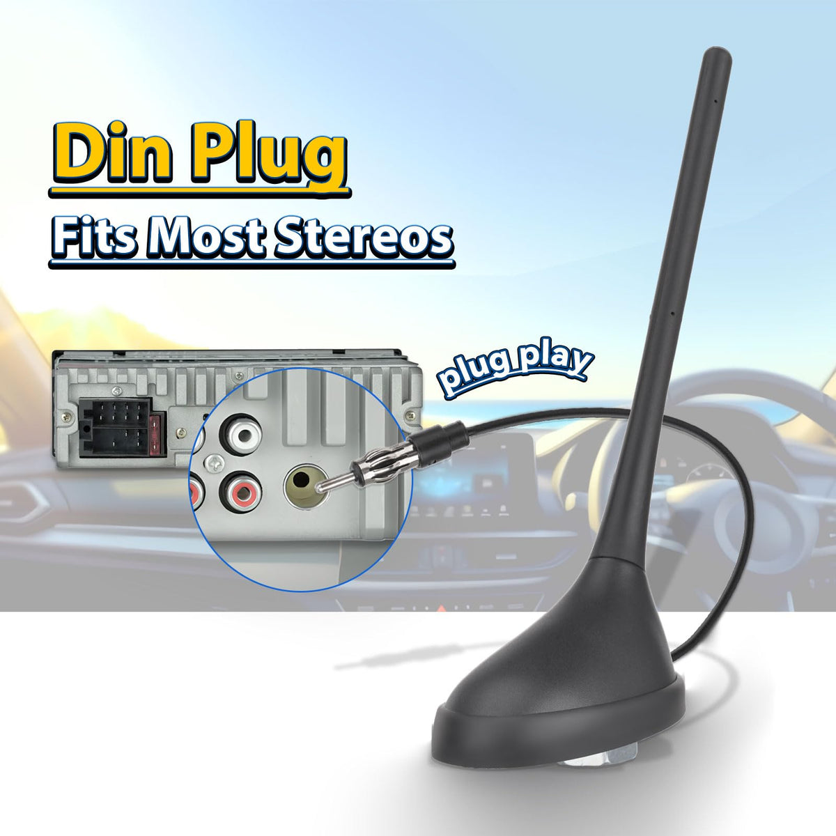 Eightwood 7dBi Universal Car Radio Antenna, Roof Mount AM FM Stereo Antenna | Din Plug, for Car Truck SUV Marine Radio Stereo Receiver, Media Head Unit