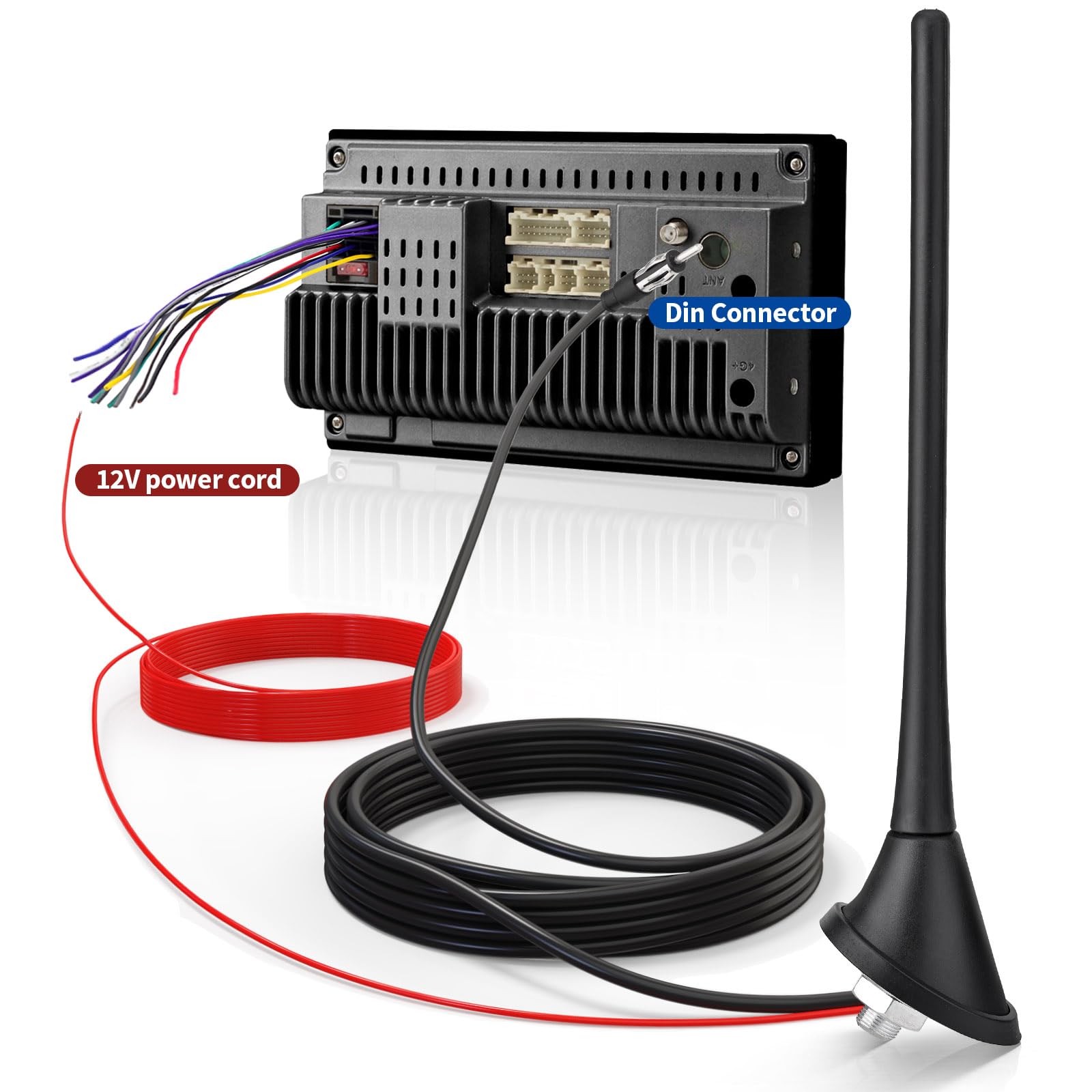 Eightwood Car Stereo FM AM Radio Antenna, Universal Roof Mount Amplified Antenna with 12V Power Wire DIN Plug Connector for Vehicle Car Truck SUV Radio Stereo Receiver Media Head Unit