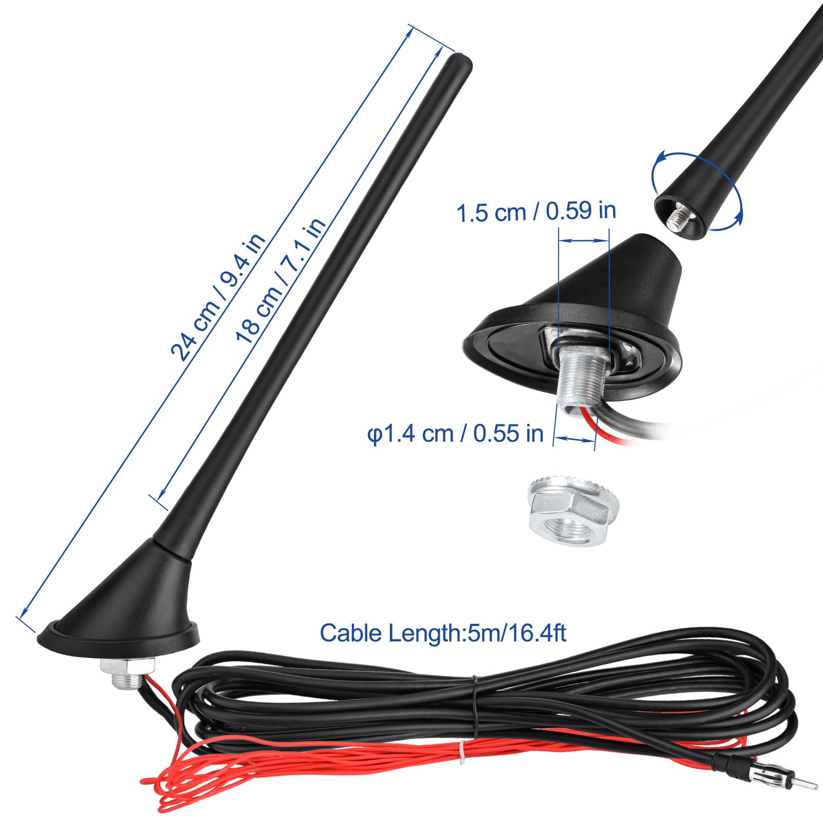Eightwood Car Stereo FM AM Radio Antenna, Universal Roof Mount Amplified Antenna with 12V Power Wire DIN Plug Connector for Vehicle Car Truck SUV Radio Stereo Receiver Media Head Unit