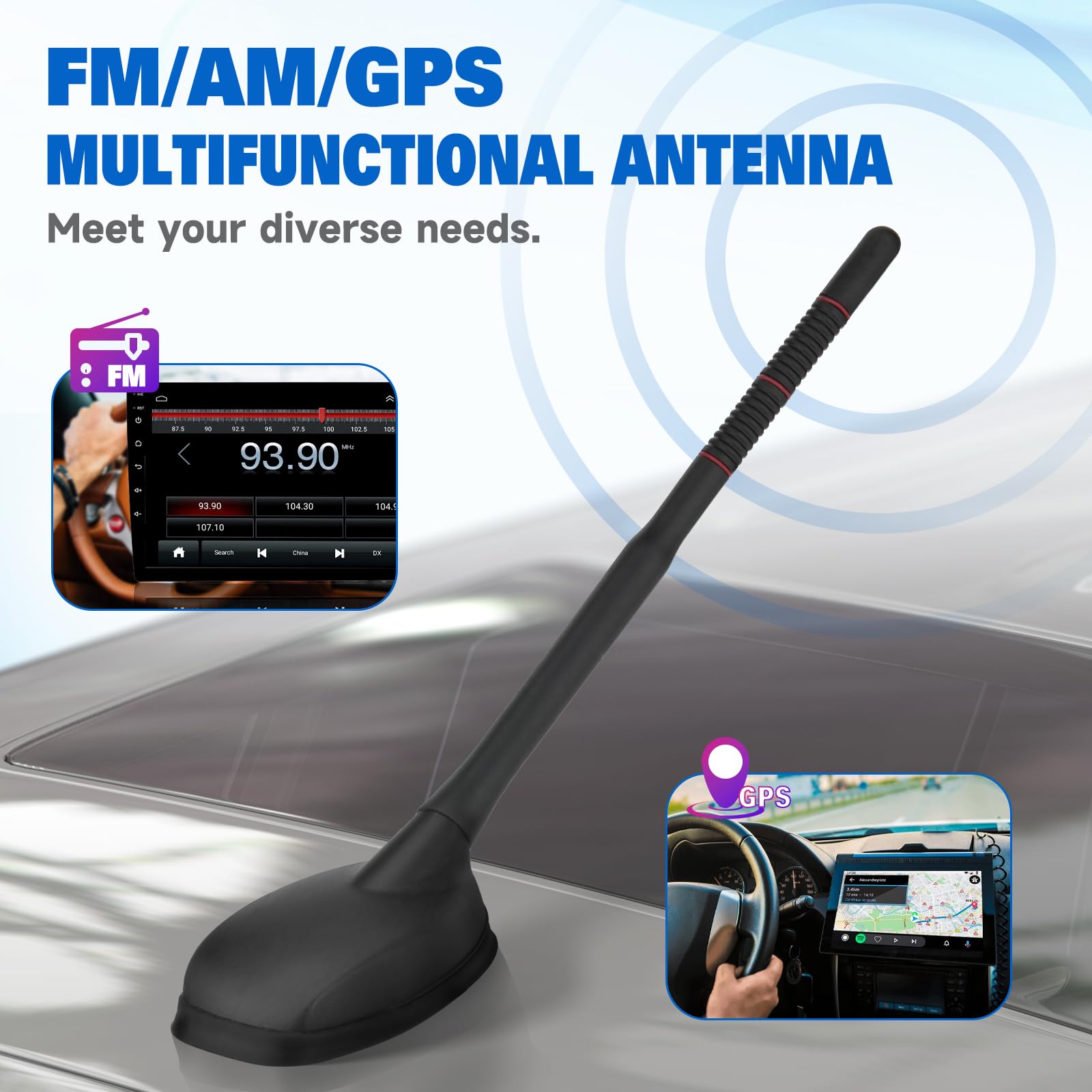 Eightwood FM/AM + GPS Combo Antenna, Amplified Roof Mount Antenna | For Car Truck SUV Boat Stereo Receiver/GPS Navigation System, 12V Power Wire, DIN Plug for AM FM Radio, SMA Connector for GPS