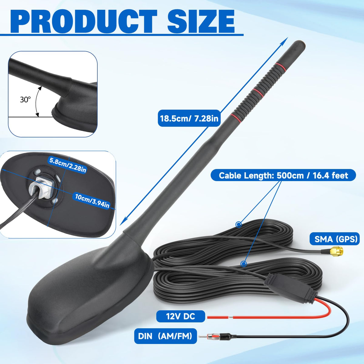 Eightwood FM/AM + GPS Combo Antenna, Amplified Roof Mount Antenna | For Car Truck SUV Boat Stereo Receiver/GPS Navigation System, 12V Power Wire, DIN Plug for AM FM Radio, SMA Connector for GPS