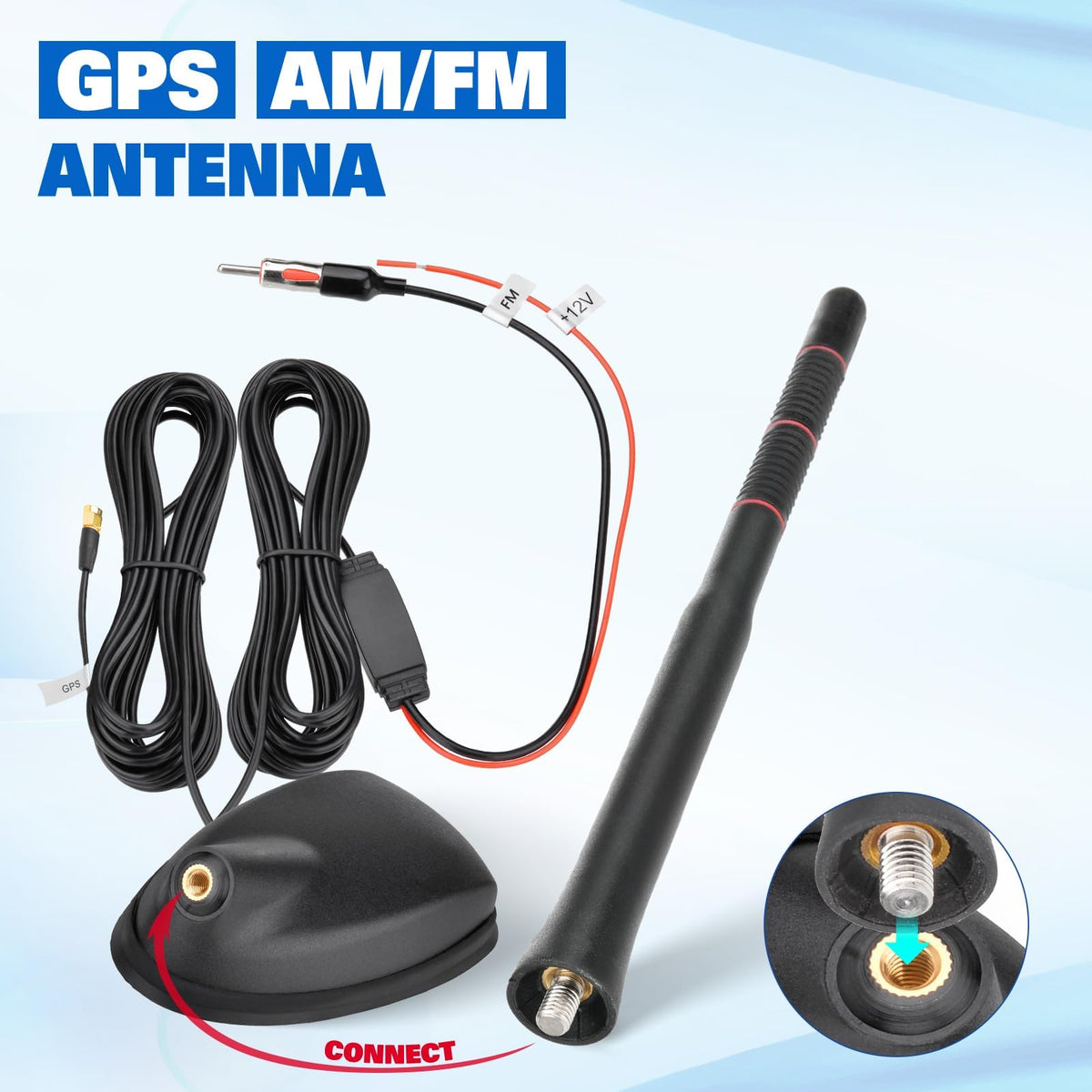 Eightwood FM/AM + GPS Combo Antenna, Amplified Roof Mount Antenna | For Car Truck SUV Boat Stereo Receiver/GPS Navigation System, 12V Power Wire, DIN Plug for AM FM Radio, SMA Connector for GPS