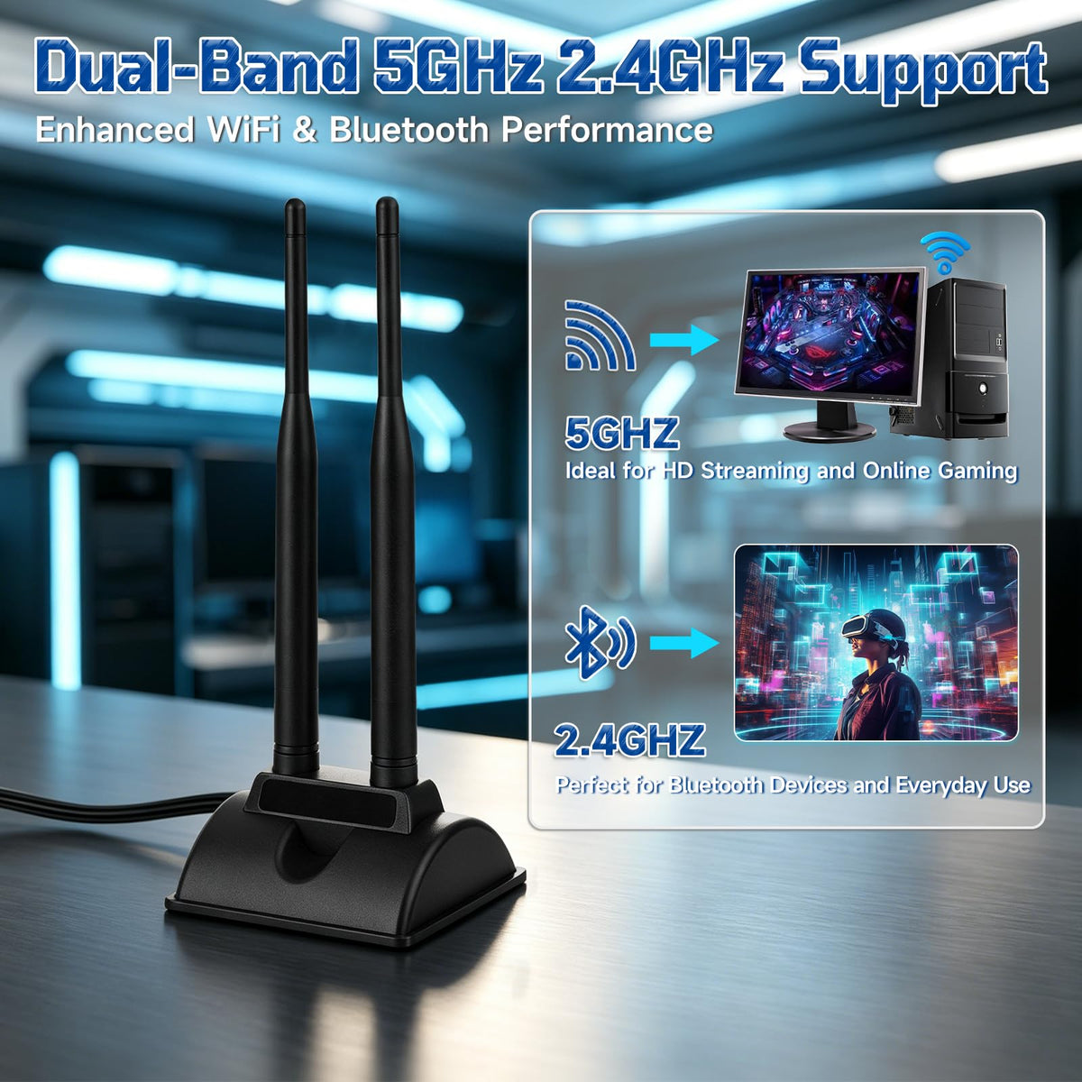 Eightwood Dual Band WiFi 6 Antenna 5GHz 2.4GHz RP-SMA Antenna with Magnetic Base for Desktop PC Computer Gaming Motherboard PCIe WiFi Bluetooth Card